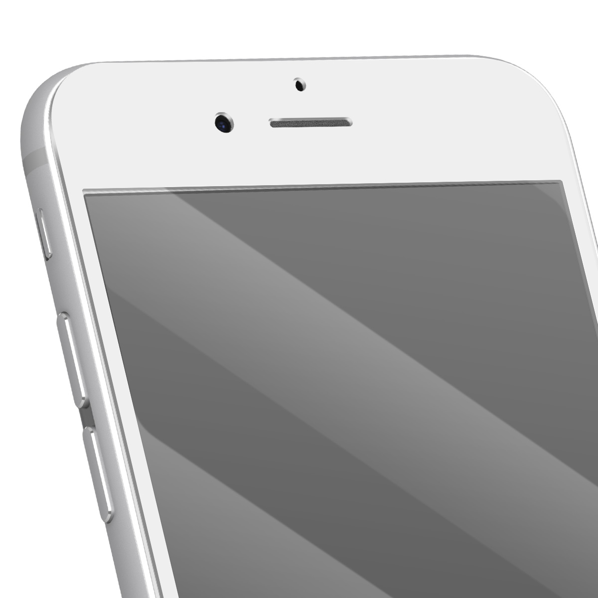 Gros plan d'un smartphone blanc. L'écran est gris avec des lignes diagonales. Haut avec caméra, haut-parleur et capteurs. Boutons sur le côté.