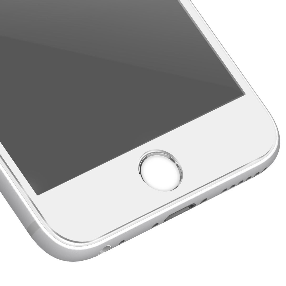 Gros plan d'un smartphone blanc. Bouton home visible. L'écran est sombre. Le téléphone est légèrement incliné de haut en bas à gauche.