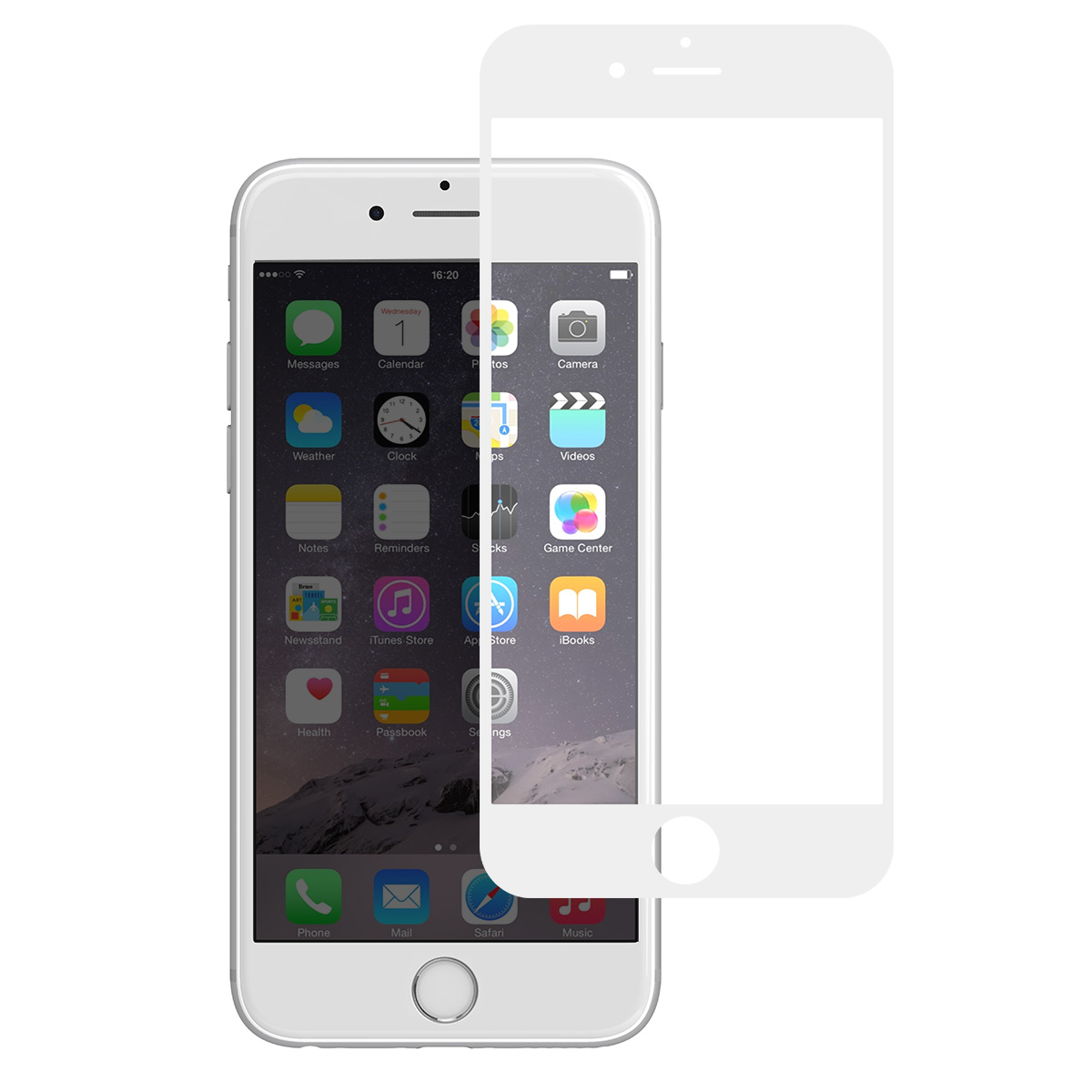 Un smartphone blanc avec un protecteur d'écran. L'écran affiche des icônes d'applications. Le fond est blanc.