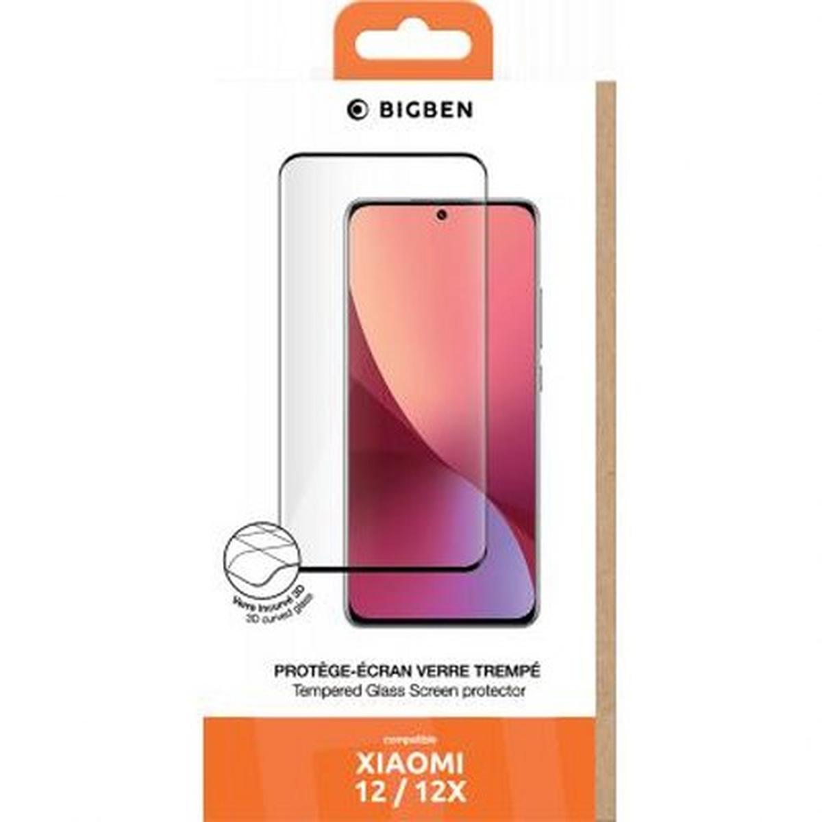 Une boîte de protection d'écran de téléphone. Elle montre un écran de téléphone et le protecteur. La marque est BIGBEN. Compatible avec XIAOMI 12/12X.