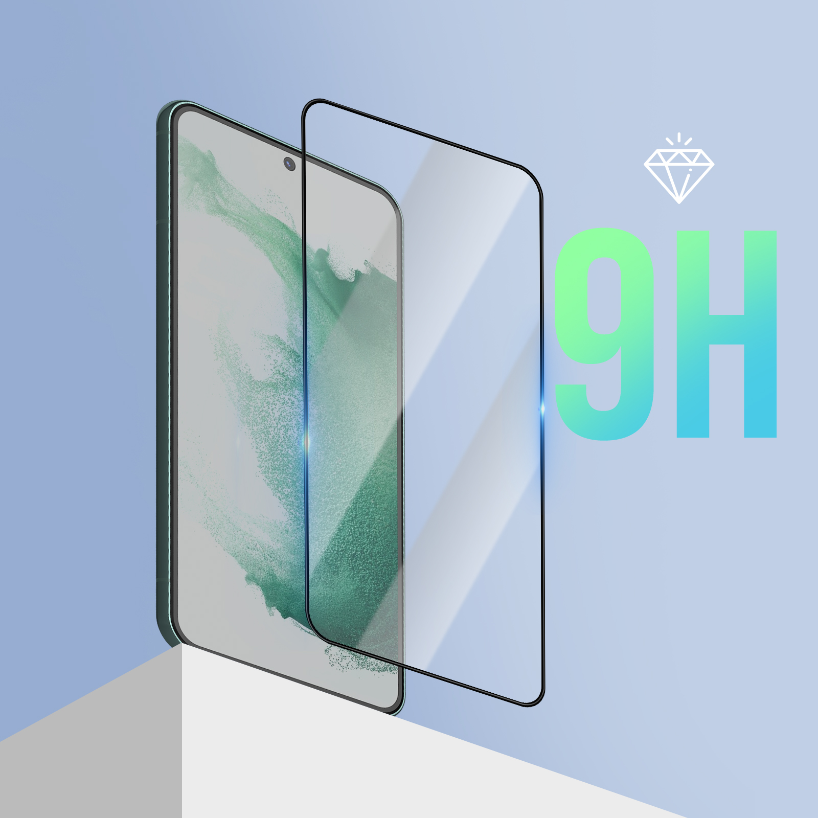 Uno smartphone con protezione schermo, testo 9H e icona diamante, su sfondo blu sfumato e base bianca.