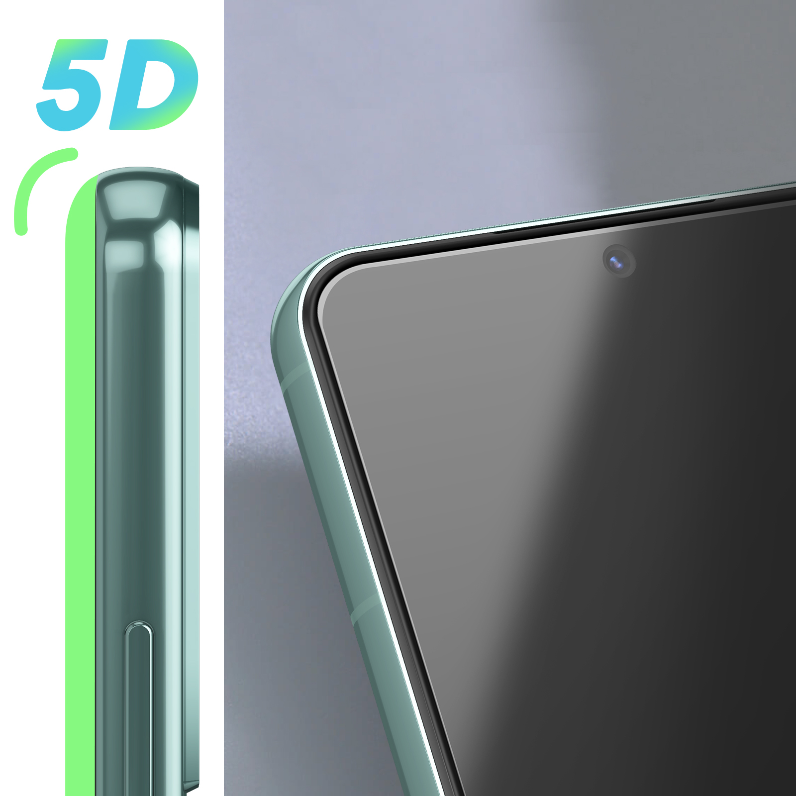 Primo piano di una protezione per lo schermo dello smartphone. Il bordo del telefono è verde menta. Il testo 5D è visibile. Lo schermo è grigio.