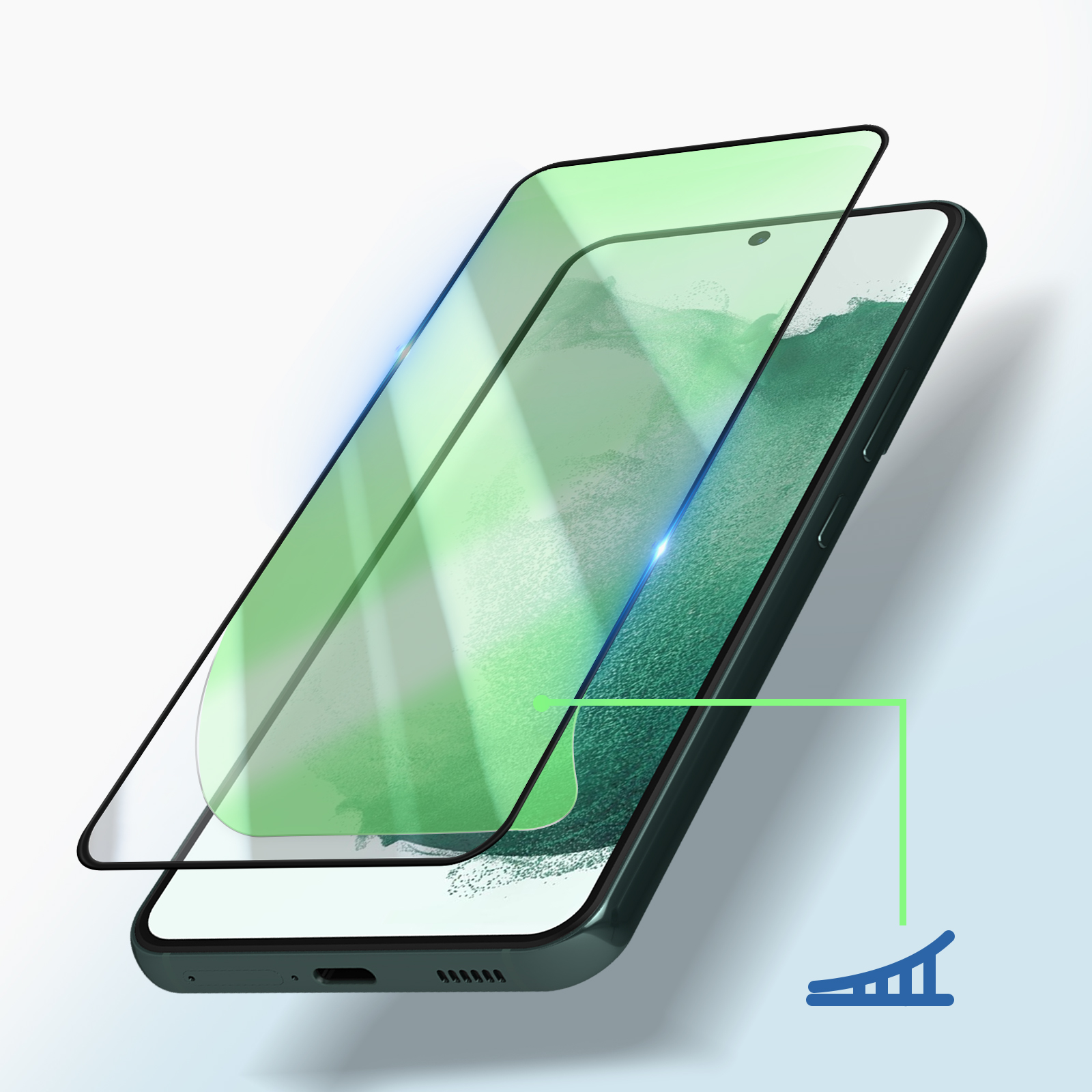 Uno smartphone con protezione schermo. Il telefono è verde scuro. La protezione è verde trasparente. C'è una linea verde e un grafico.