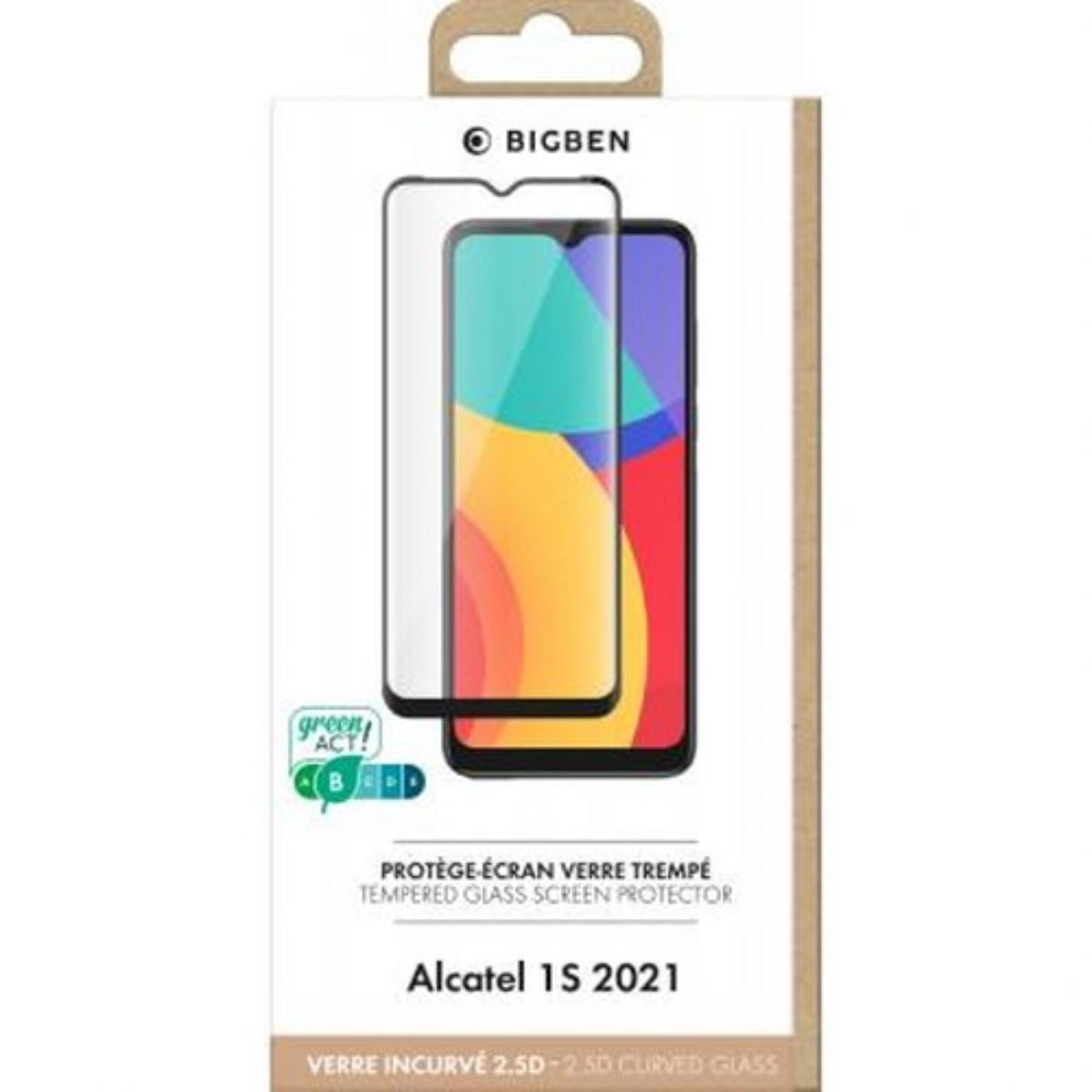 Una scatola di protezione dello schermo del telefono. Mostra uno schermo del telefono con forme astratte colorate. Il marchio è BIGBEN. Il prodotto è per Alcatel 1S 2021.