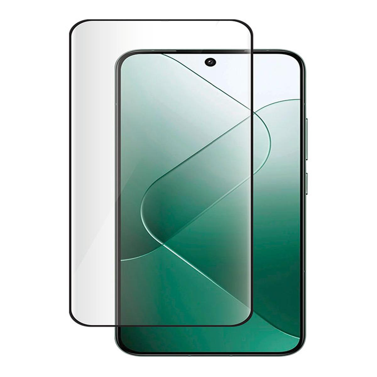 Een smartphone met een schermbeschermer erop. Het scherm toont een groene gradiënt. De beschermer is helder, de telefoon is zwart.