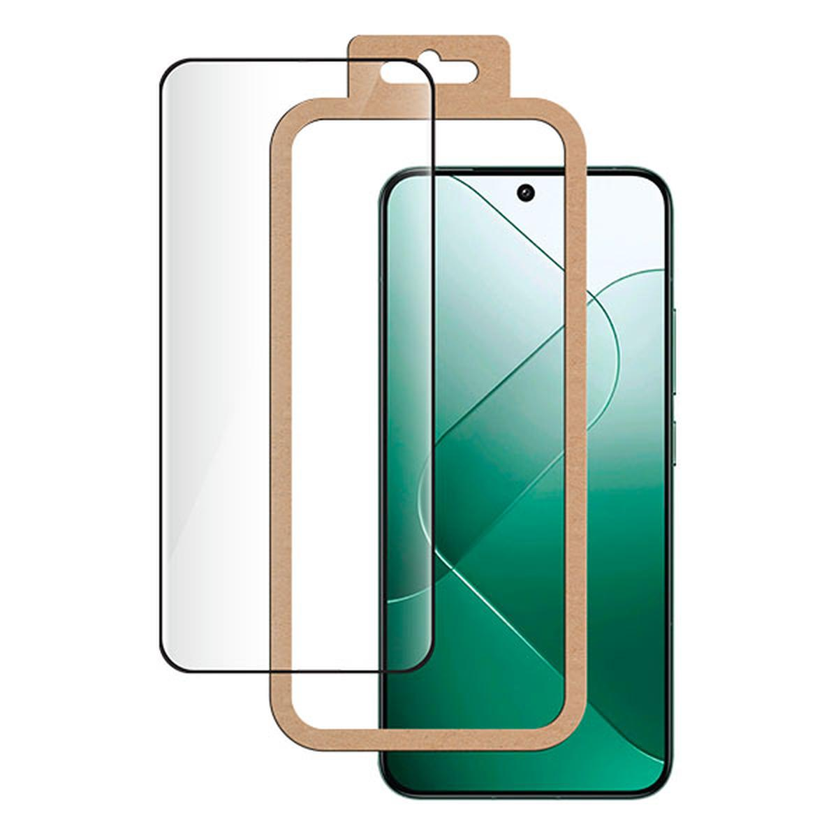 Een smartphone met een schermbeschermer en het frame. Het scherm toont groene kleuren. Het frame is bruin.