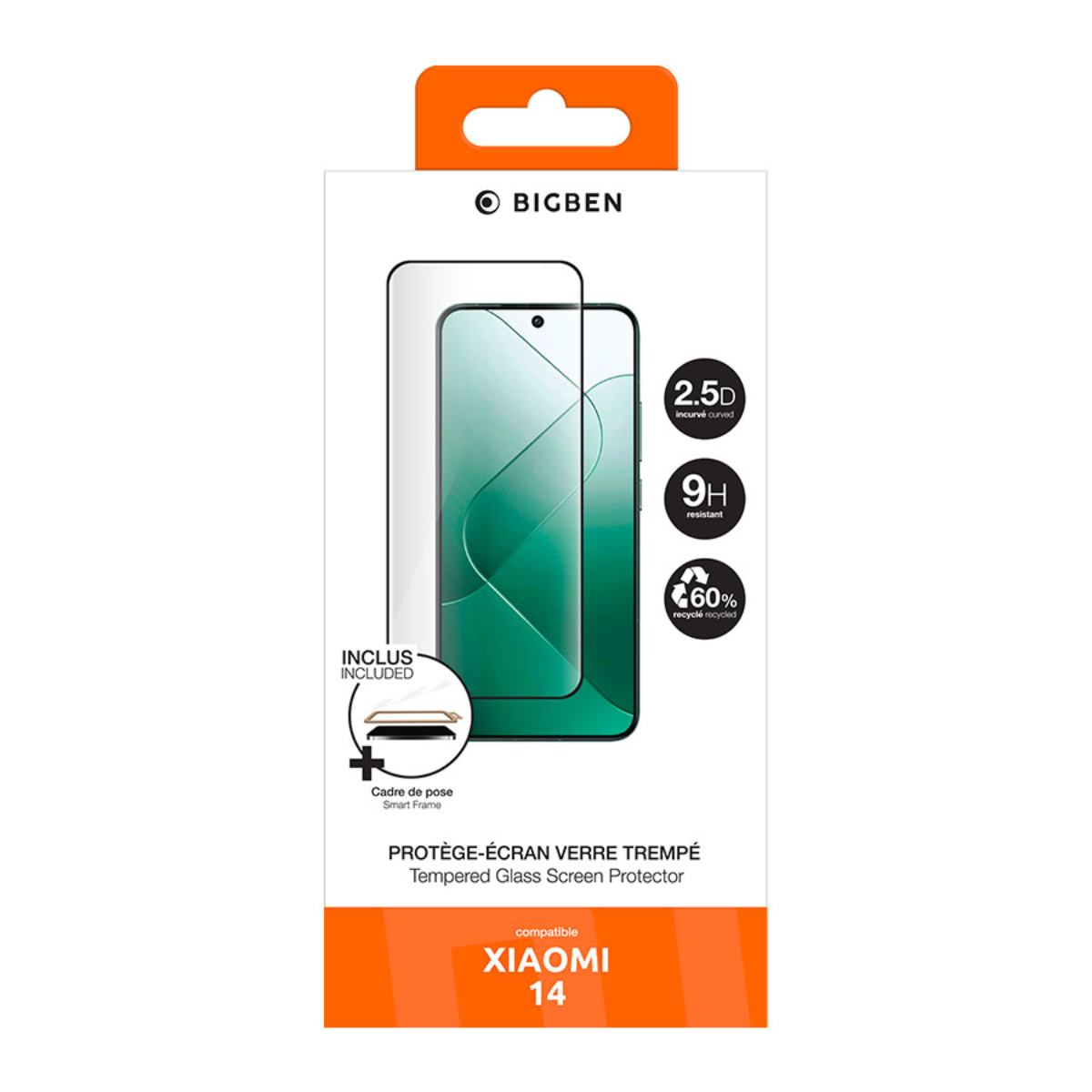 Een schermbeschermerbox. Het toont een telefoon met een schermbeschermer, productdetails en het merk BIGBEN.