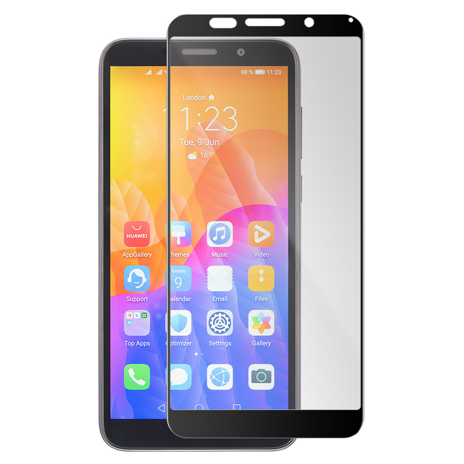 Due smartphone, uno con protezione schermo. Il telefono mostra ora, data e icone delle app. Logo Huawei visibile.