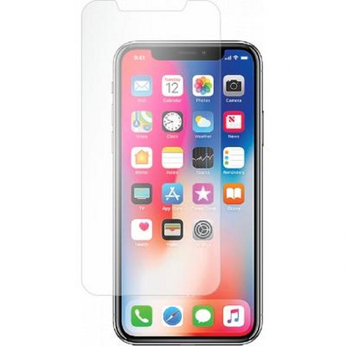 Uno smartphone con una protezione per lo schermo applicata. Lo schermo mostra icone di app e un calendario. La protezione è trasparente.