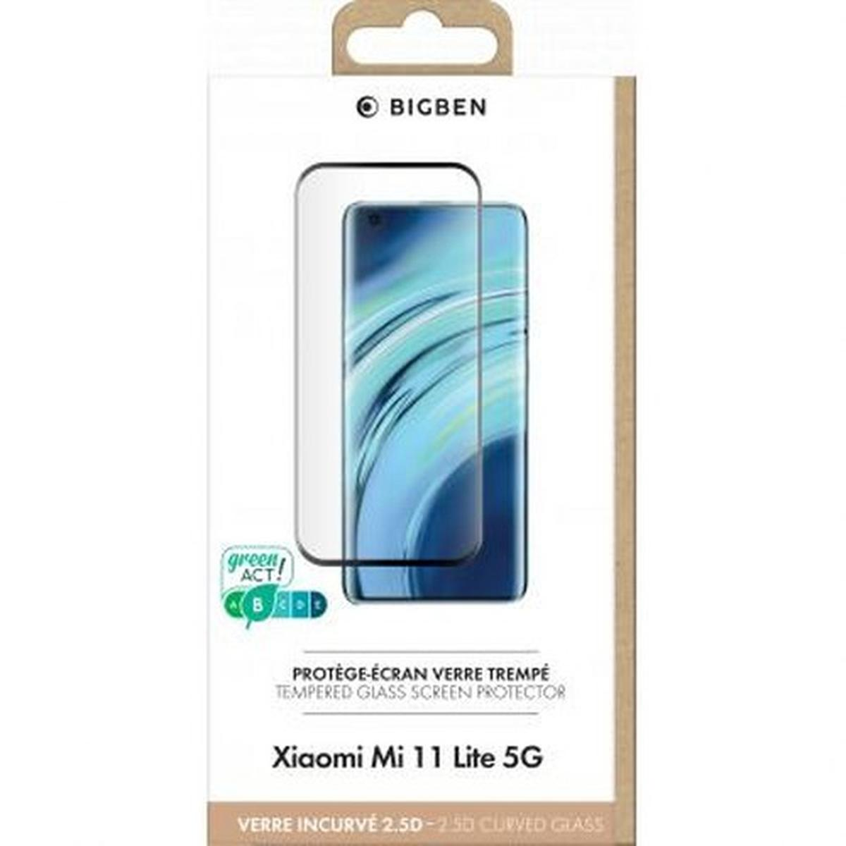 Une boîte de protection d'écran de téléphone. Elle montre un téléphone avec un écran incurvé. Le texte indique 'Tempered Glass Screen Protector' et 'Xiaomi Mi 11 Lite 5G'.