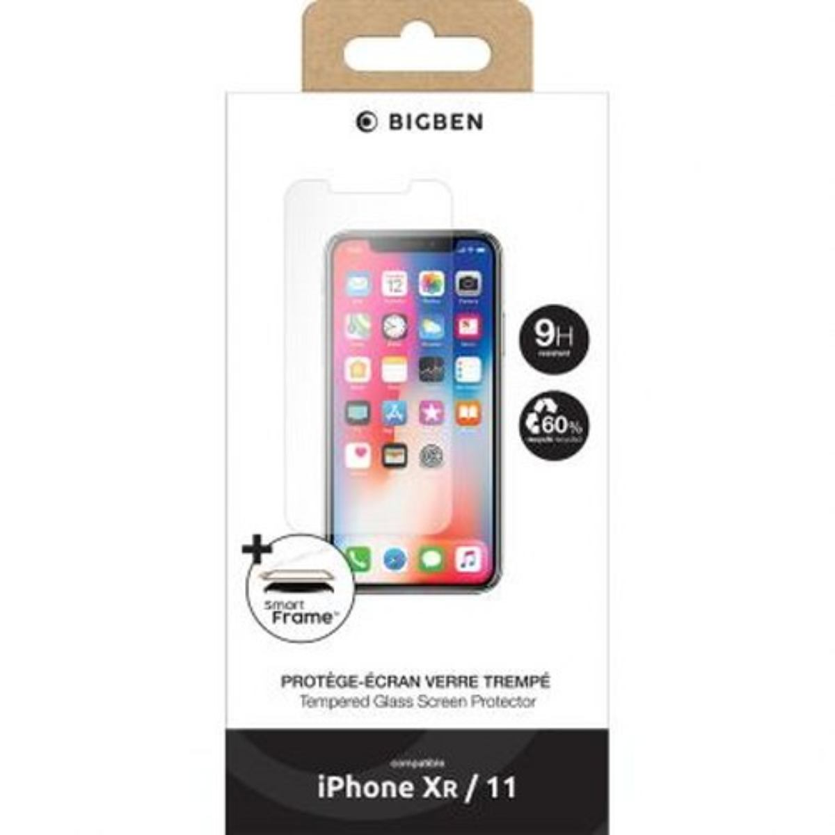 Proteggi schermo Bigben per iPhone XR/11. La confezione mostra uno schermo iPhone con app, più simboli 9H e 60% riciclo.