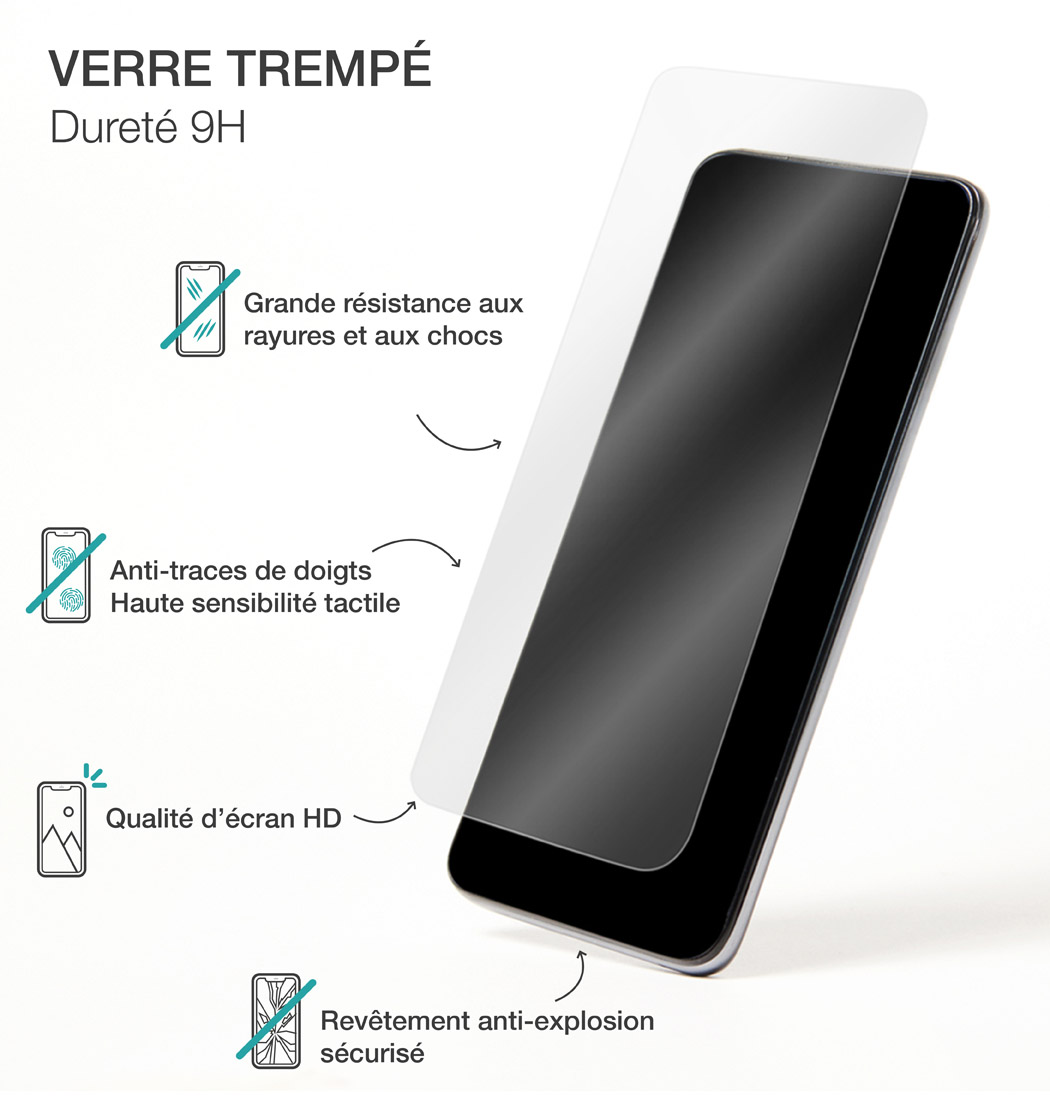 Un proteggi schermo in vetro temperato e uno smartphone. Il testo descrive resistenza ai graffi, anti-impronta, qualità HD e rivestimento anti-esplosione.
