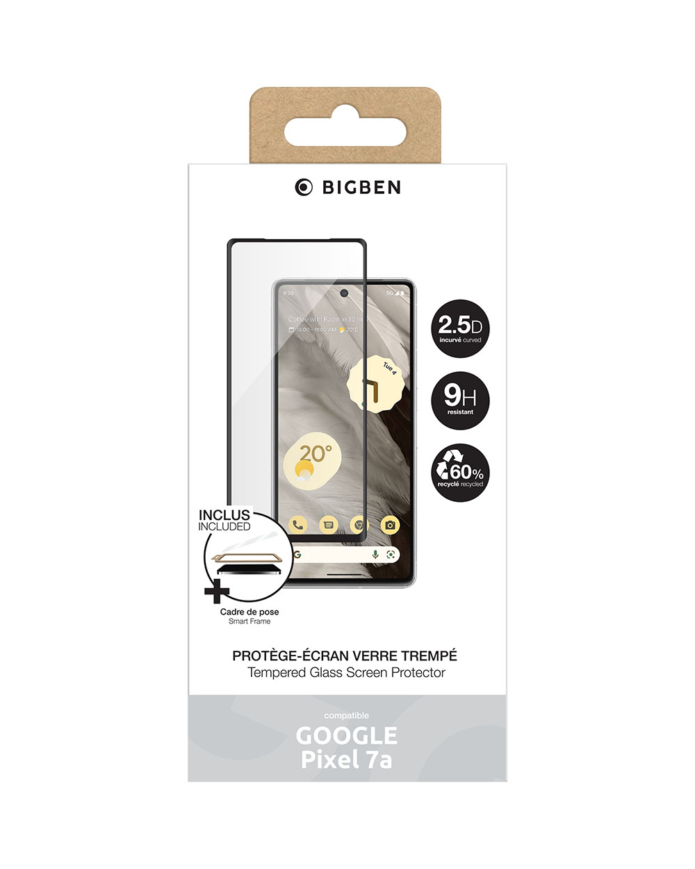 Una scatola di protezione per schermo per Google Pixel 7a. Mostra un'immagine del telefono e caratteristiche come 2.5D, resistente 9H e 60% riciclato.