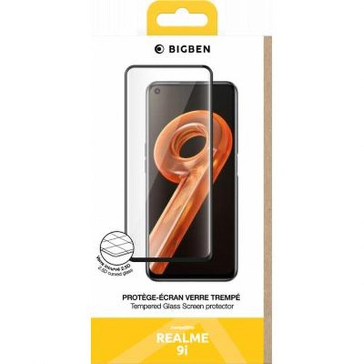 Confezione per protezione schermo Realme 9i. Presenta l'immagine del telefono, i dettagli del prodotto e il marchio Bigben.