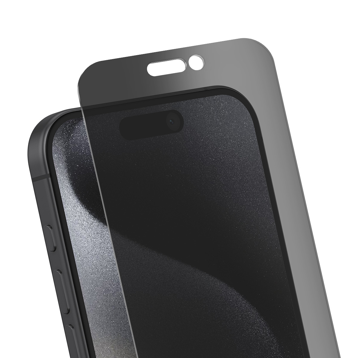 Een smartphone met een schermbeschermer. De telefoon is zwart. De beschermer is donkergrijs en bedekt het scherm.