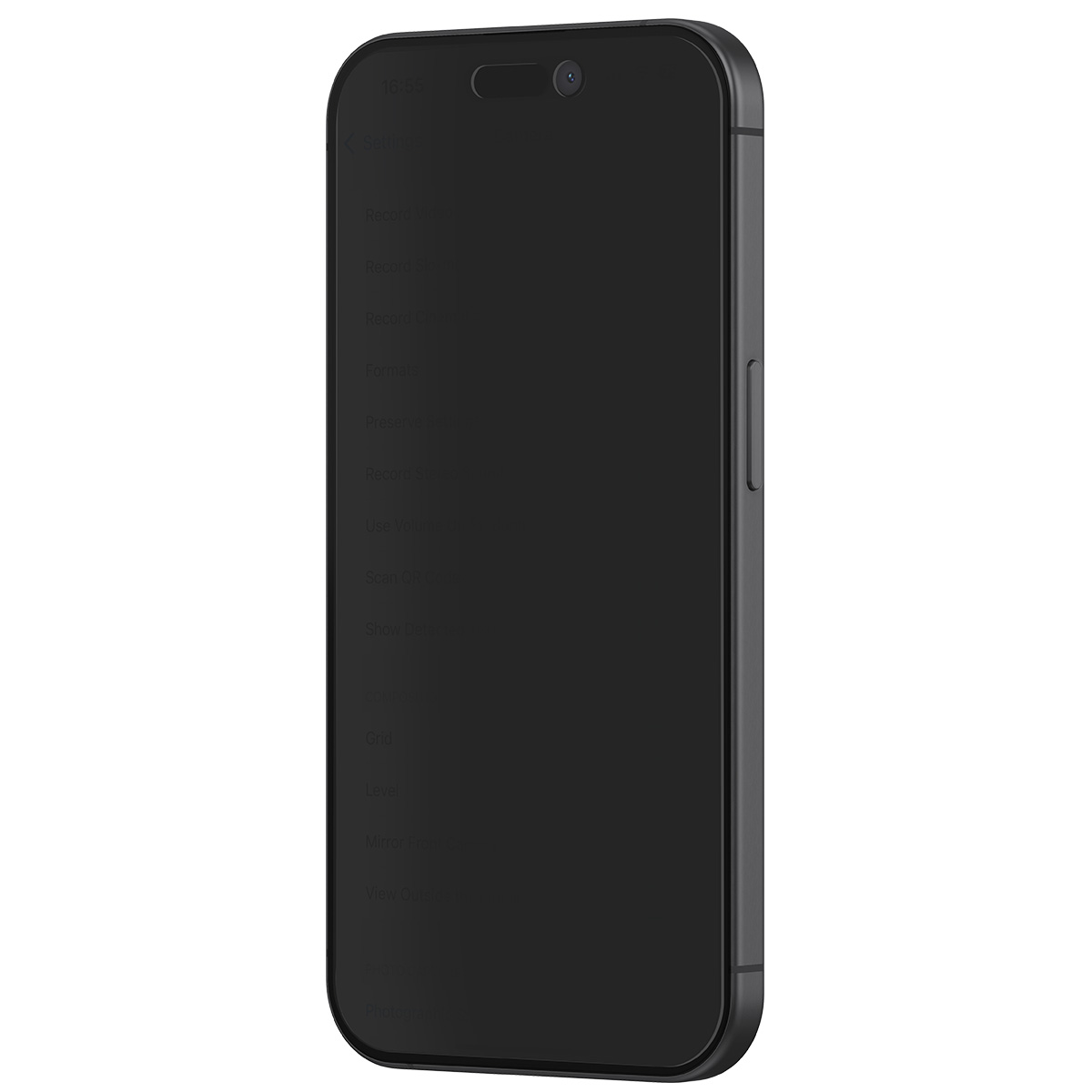 Een zwarte smartphone toont een instellingenmenu. Het scherm toont opties als 'Opnemen', 'Formaat' en 'Raster'. Het heeft een camera aan de bovenkant.