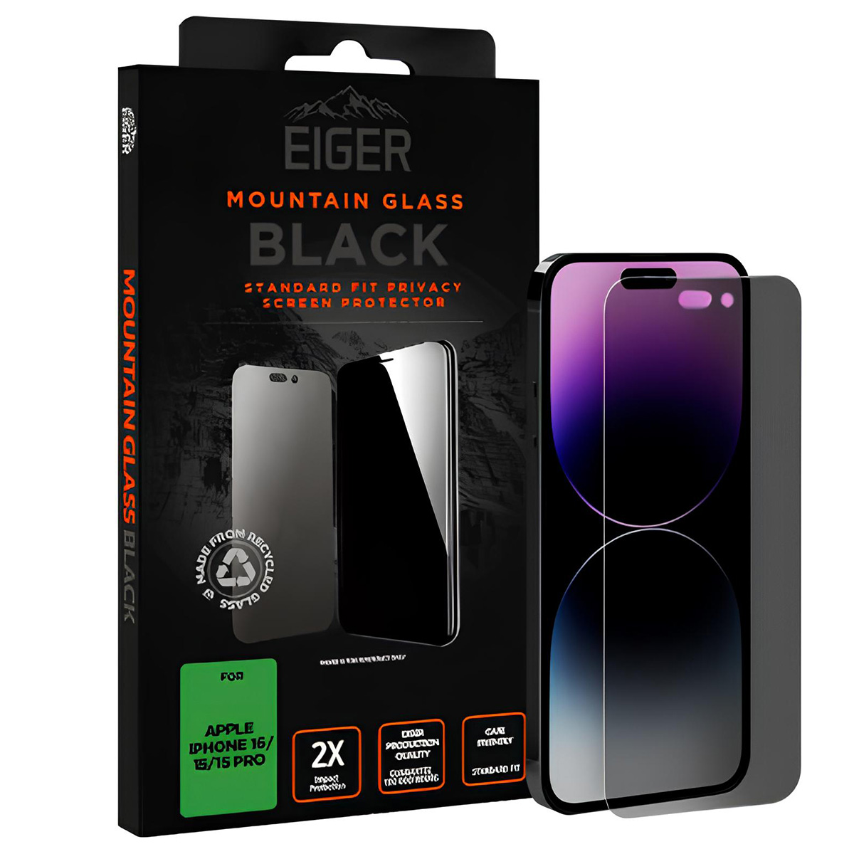 Een zwarte doos met een schermbeschermer voor iPhone 16/15 Pro. Bevat een iPhone en een schermbeschermer.