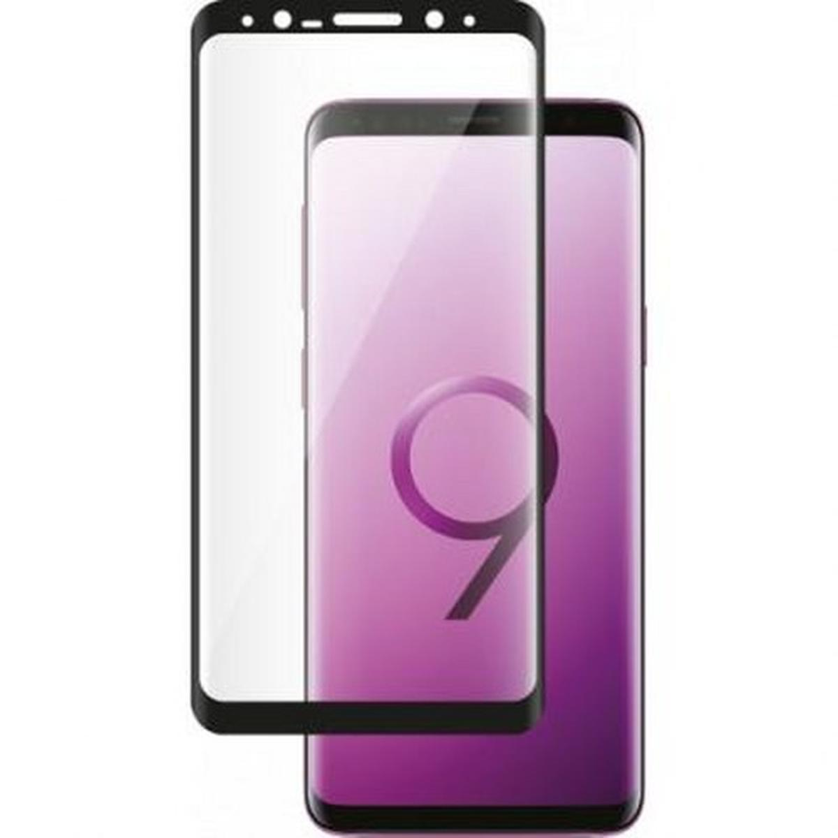 Un telefono con protezione schermo. Il telefono è viola. La protezione è trasparente con bordi neri. Il telefono è S9.