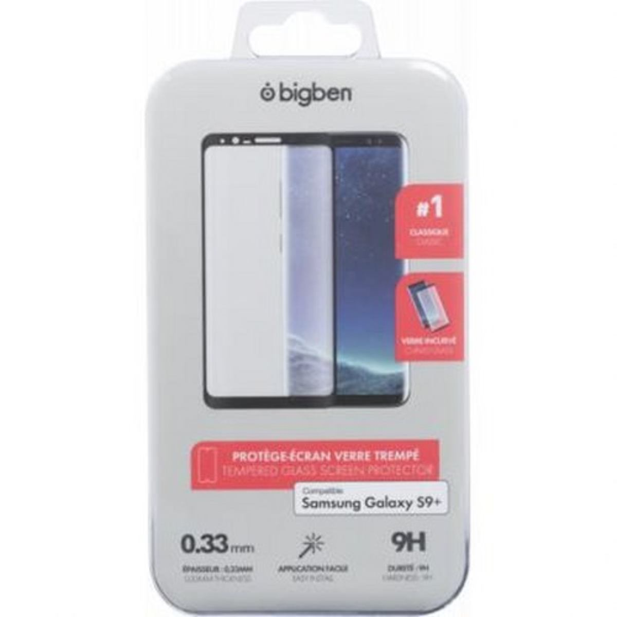 Confezione per un proteggi schermo in vetro temperato Bigben per Samsung Galaxy S9+. La confezione mostra il prodotto e le sue caratteristiche.