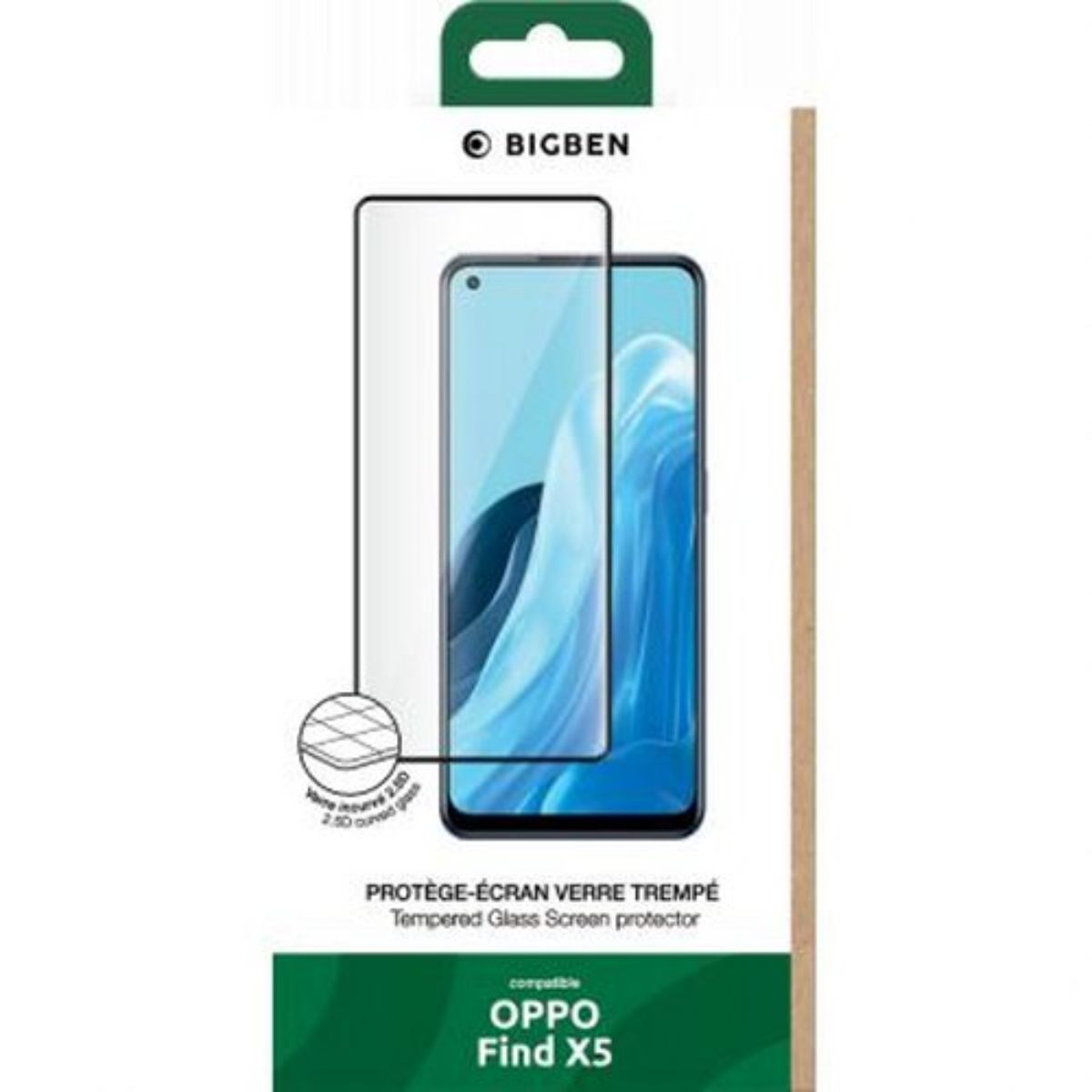 Confezione di una protezione schermo per OPPO Find X5. Include la protezione, l'immagine del telefono e il marchio.