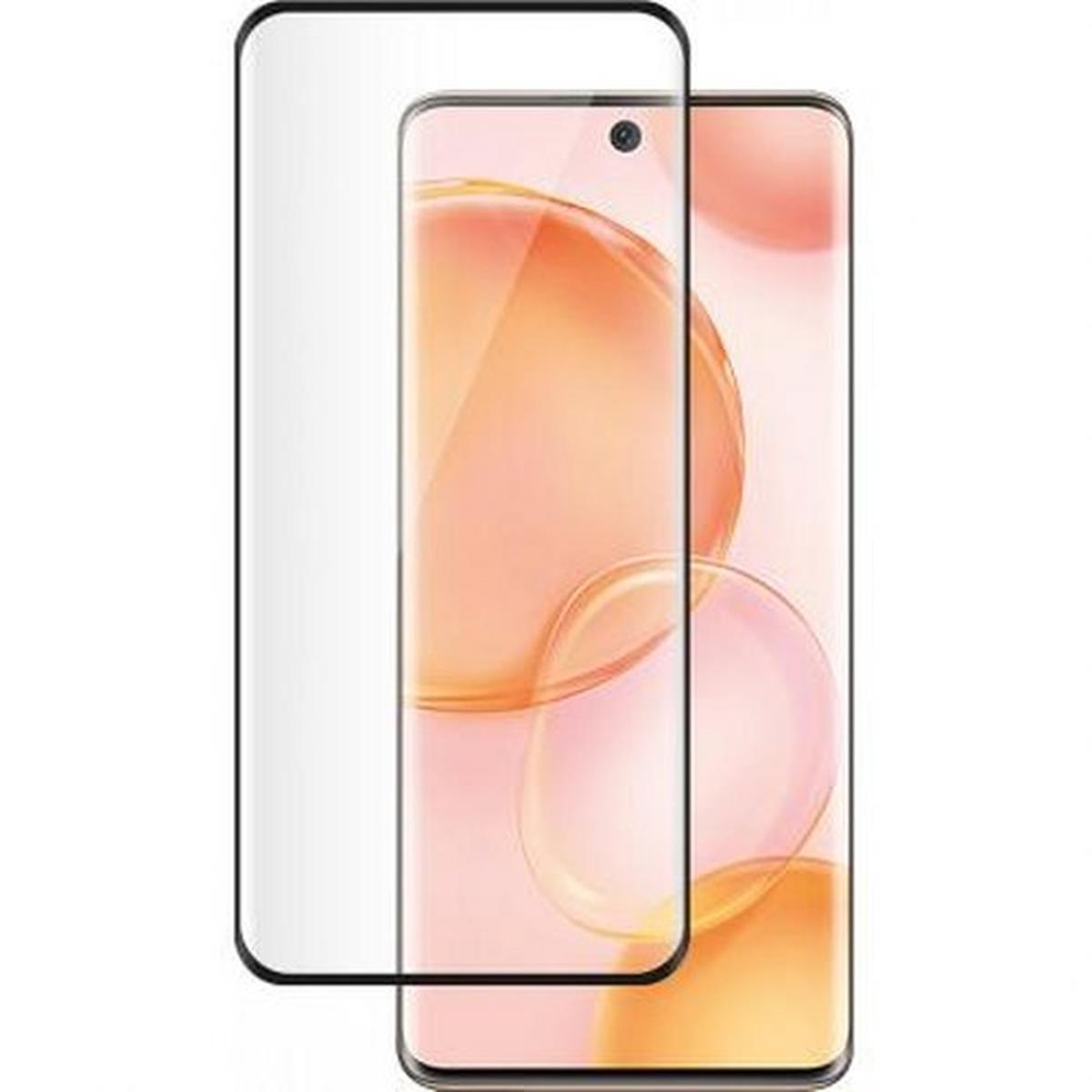Un protecteur d'écran et un téléphone. Le téléphone a un fond rose avec une caméra, le protecteur est transparent.