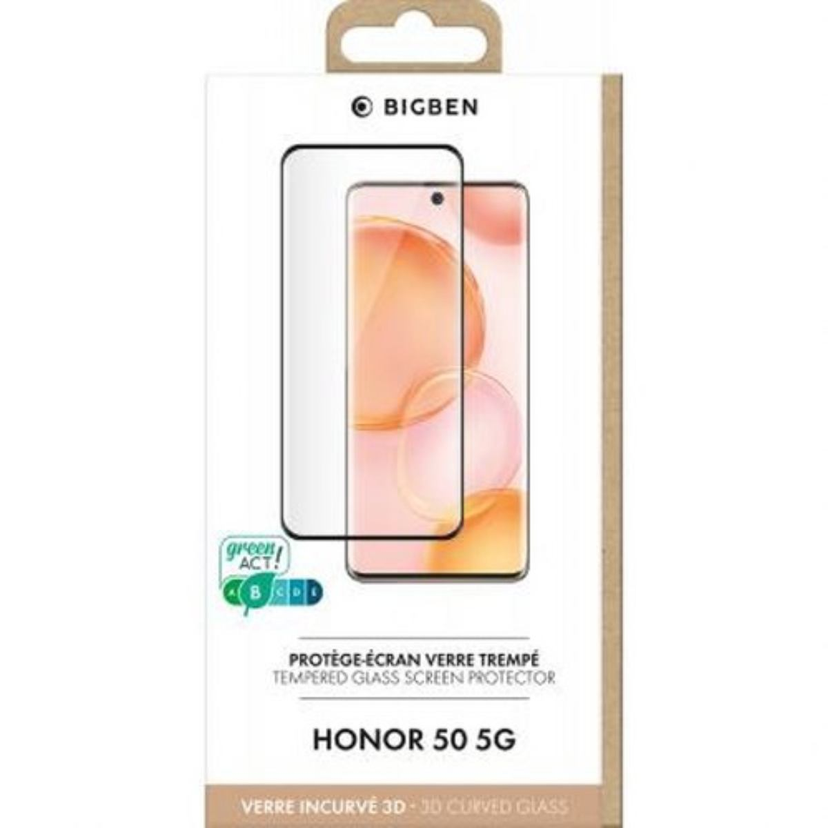 Une boîte de protection d'écran de téléphone. Elle présente une image de téléphone, la marque BIGBEN et le texte : HONOR 50 5G, protecteur d'écran en verre trempé.