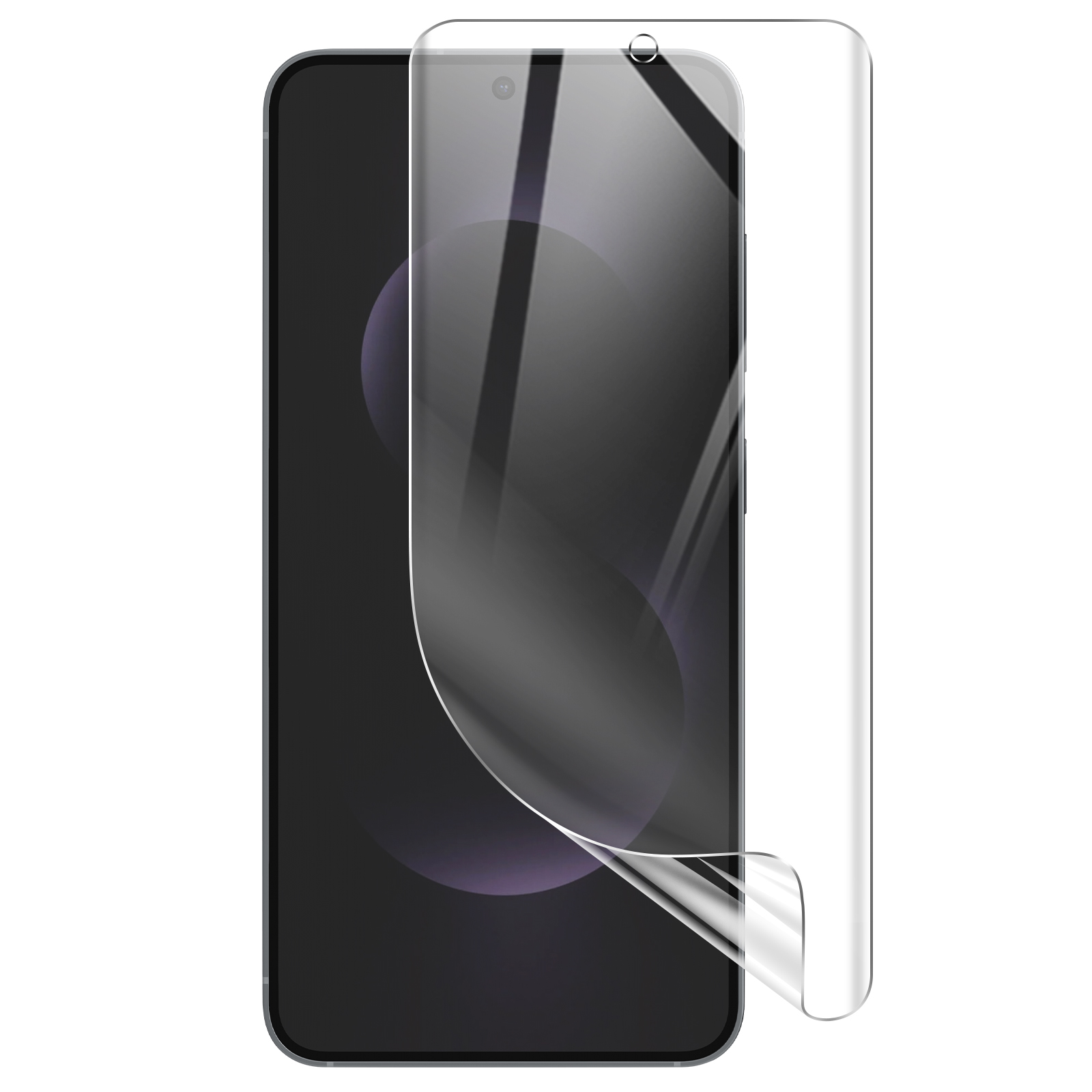 Uno schermo del telefono con una protezione per lo schermo in fase di applicazione. La protezione viene staccata, rivelando lo schermo del telefono.