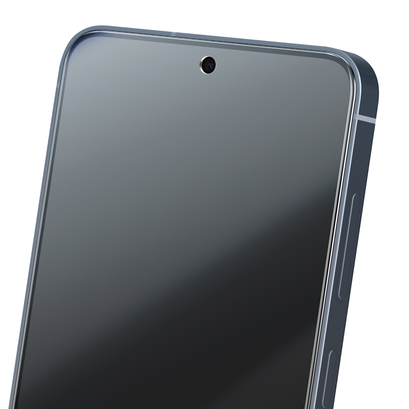 Uno smartphone, schermo grigio, fotocamera in alto. Il telefono ha una cornice argentata e un retro grigio scuro. Sfondo bianco.