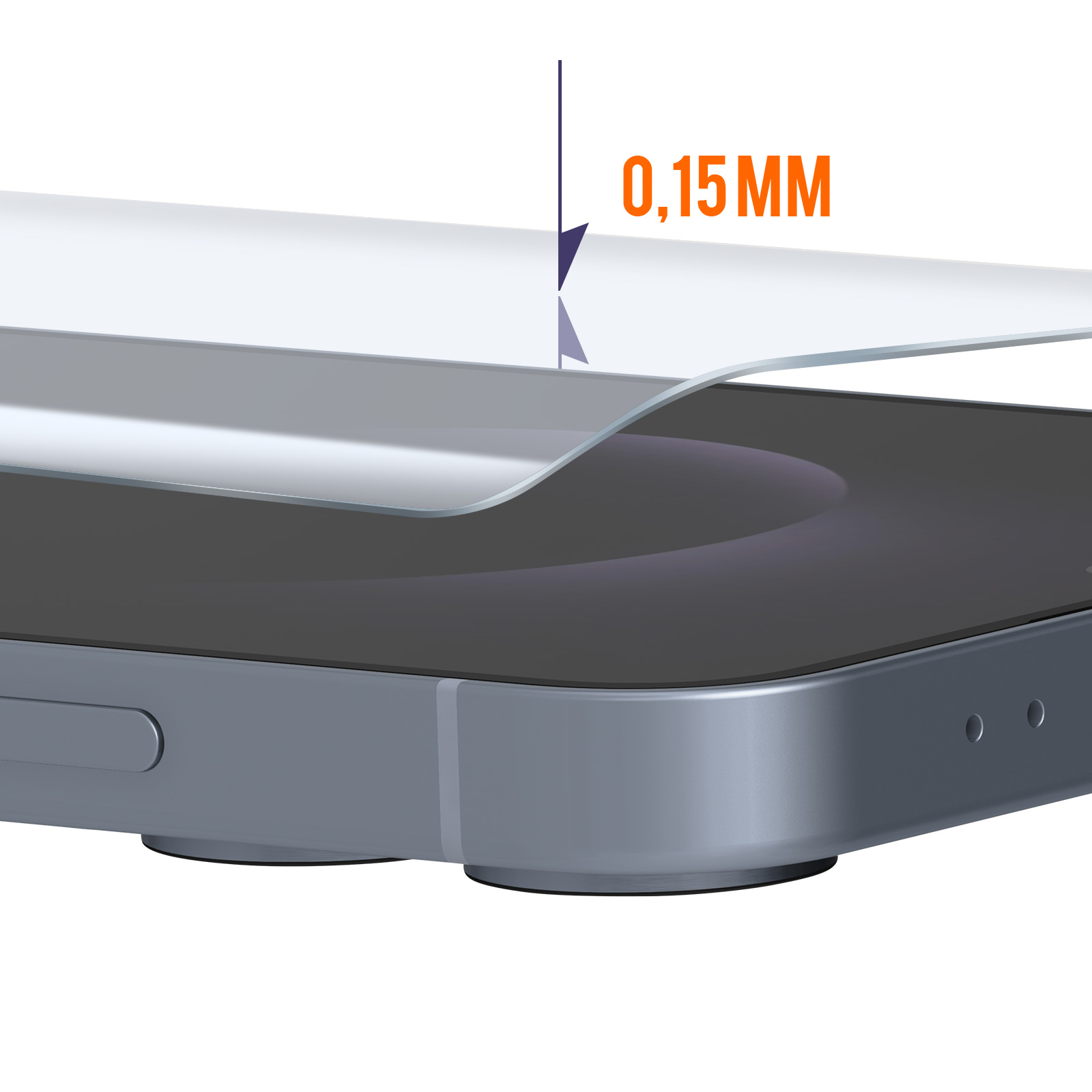 Un telefono con una protezione per lo schermo. La protezione è trasparente con la scritta "0,15 MM". Il telefono ha una cornice blu-grigia.