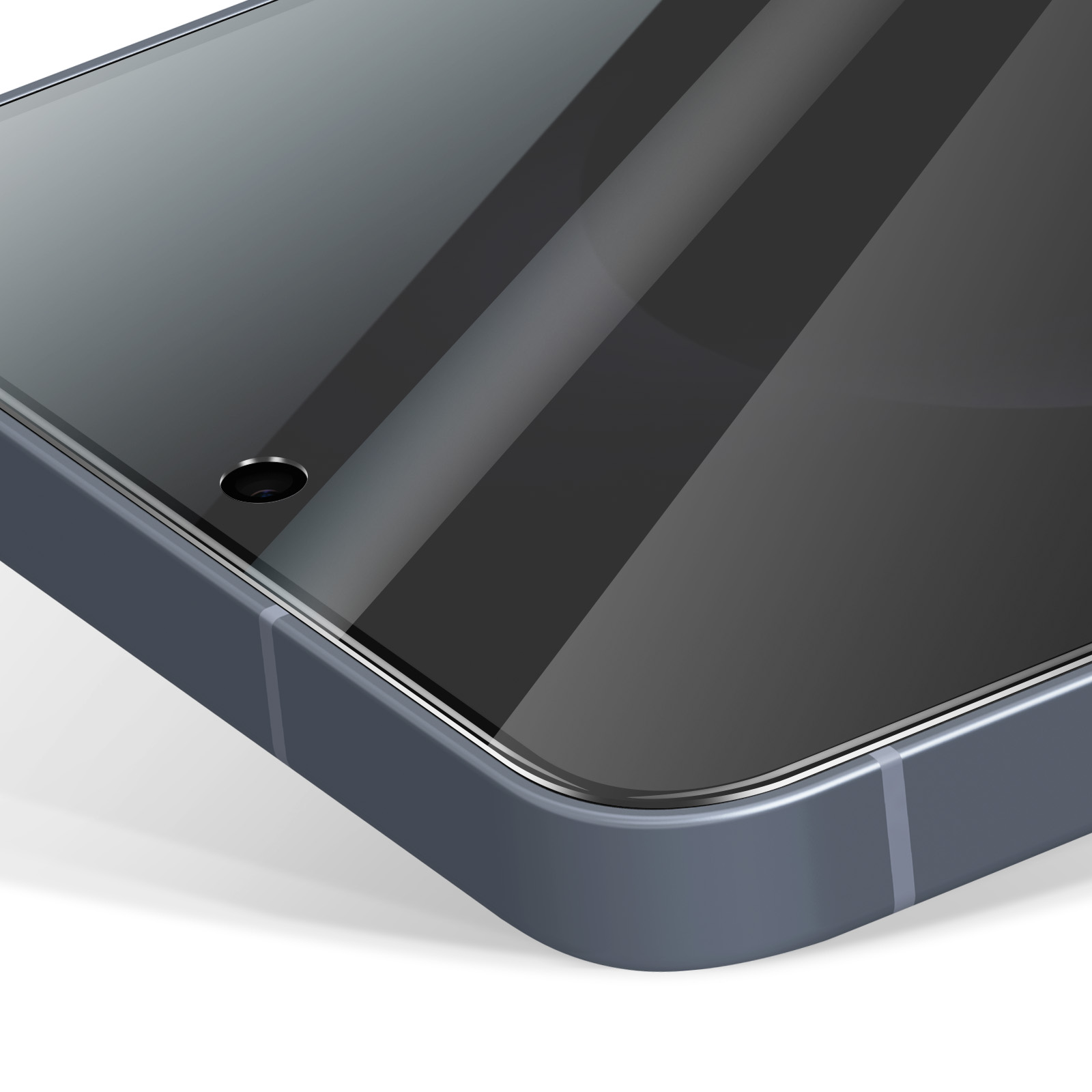 Primo piano di uno smartphone. Lo schermo riflette la luce e ha una fotocamera. Il telefono ha una cornice blu e poggia su uno sfondo bianco.