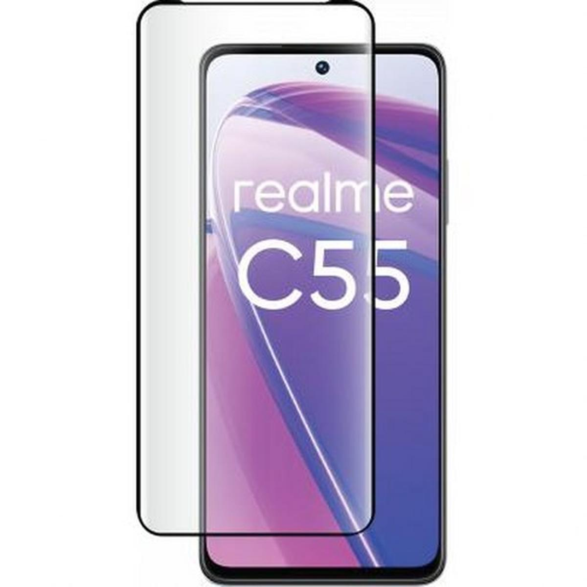 Smartphone Realme C55, protégé par un protecteur d'écran. Le téléphone a un écran violet, la marque et le modèle sont visibles.