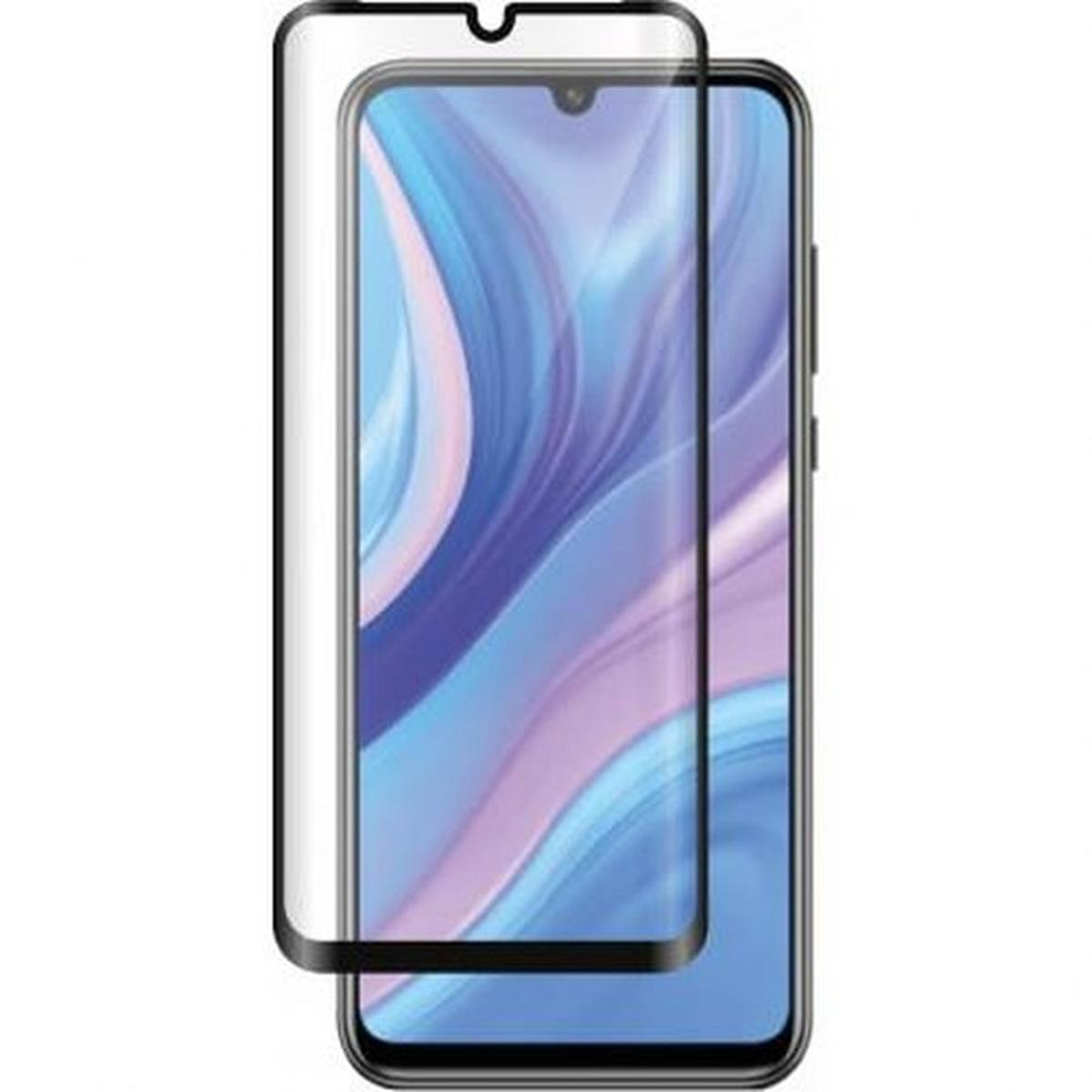 Uno smartphone con una protezione per lo schermo applicata. Il telefono è nero, lo schermo mostra un design ondulato viola e blu.