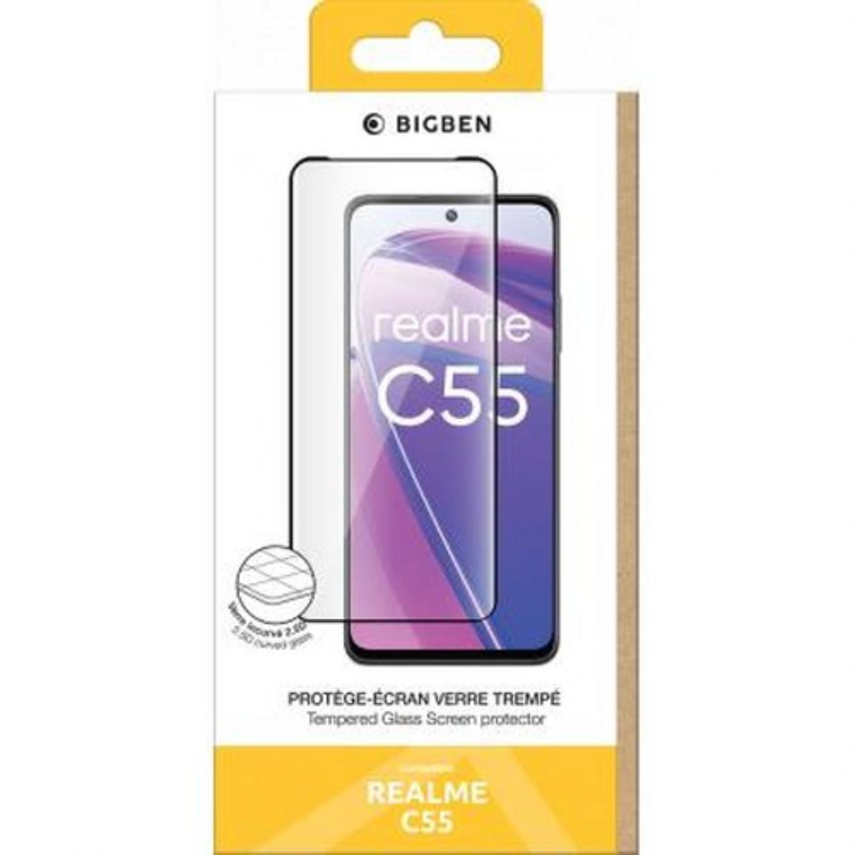 Boîte montrant un protecteur d'écran pour un téléphone Realme C55. La marque est Bigben. Le texte comprend "Tempered Glass Screen protector".