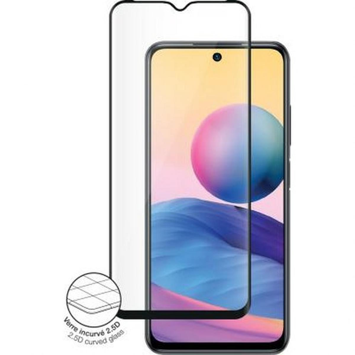Uno smartphone con una protezione per lo schermo. Lo schermo mostra un'immagine astratta colorata. La protezione è un vetro curvo trasparente.