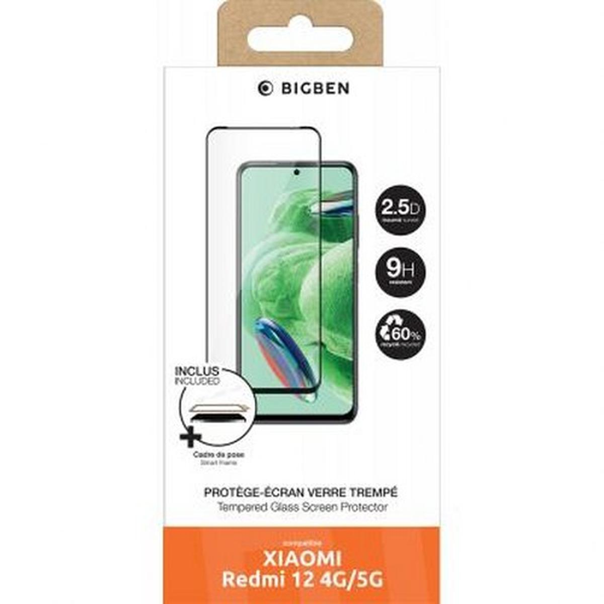 Una scatola per protezione schermo del telefono. Mostra BIGBEN, 2.5D, 9H, 60%, e include una protezione schermo in vetro temperato per Xiaomi Redmi 12 4G/5G.