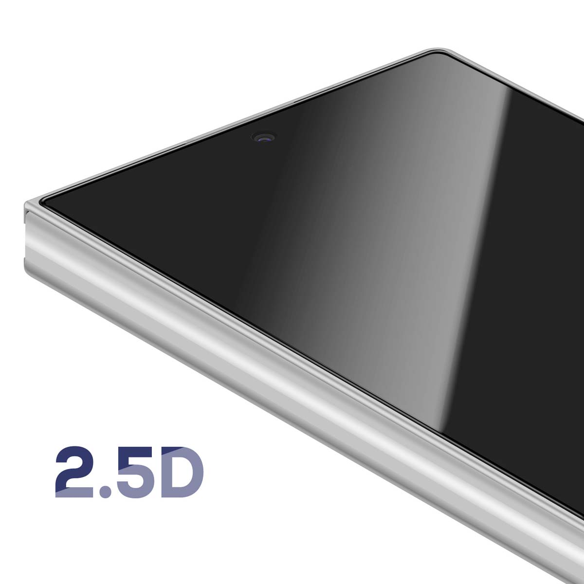 Een close-up van een smartphonescherm. Het heeft een zwart scherm en een zilveren frame. De tekst 2.5D staat onder de telefoon.