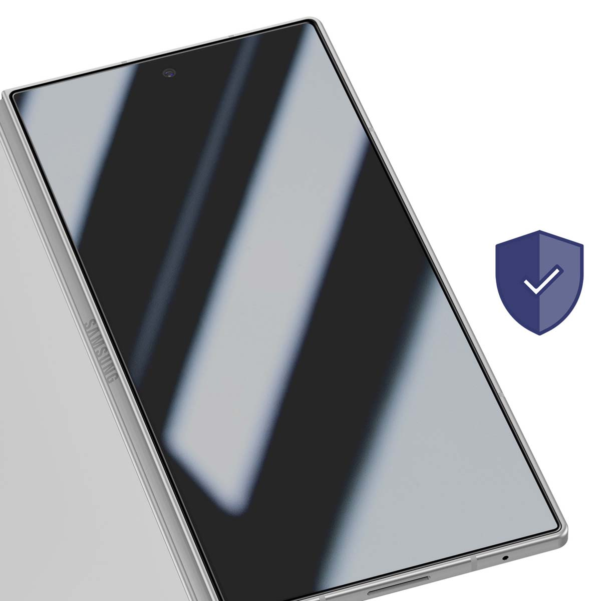 Een zilveren Samsung-telefoon met een donker scherm en een beveiligingsschild-pictogram. De telefoon is gekanteld en reflecteert licht.