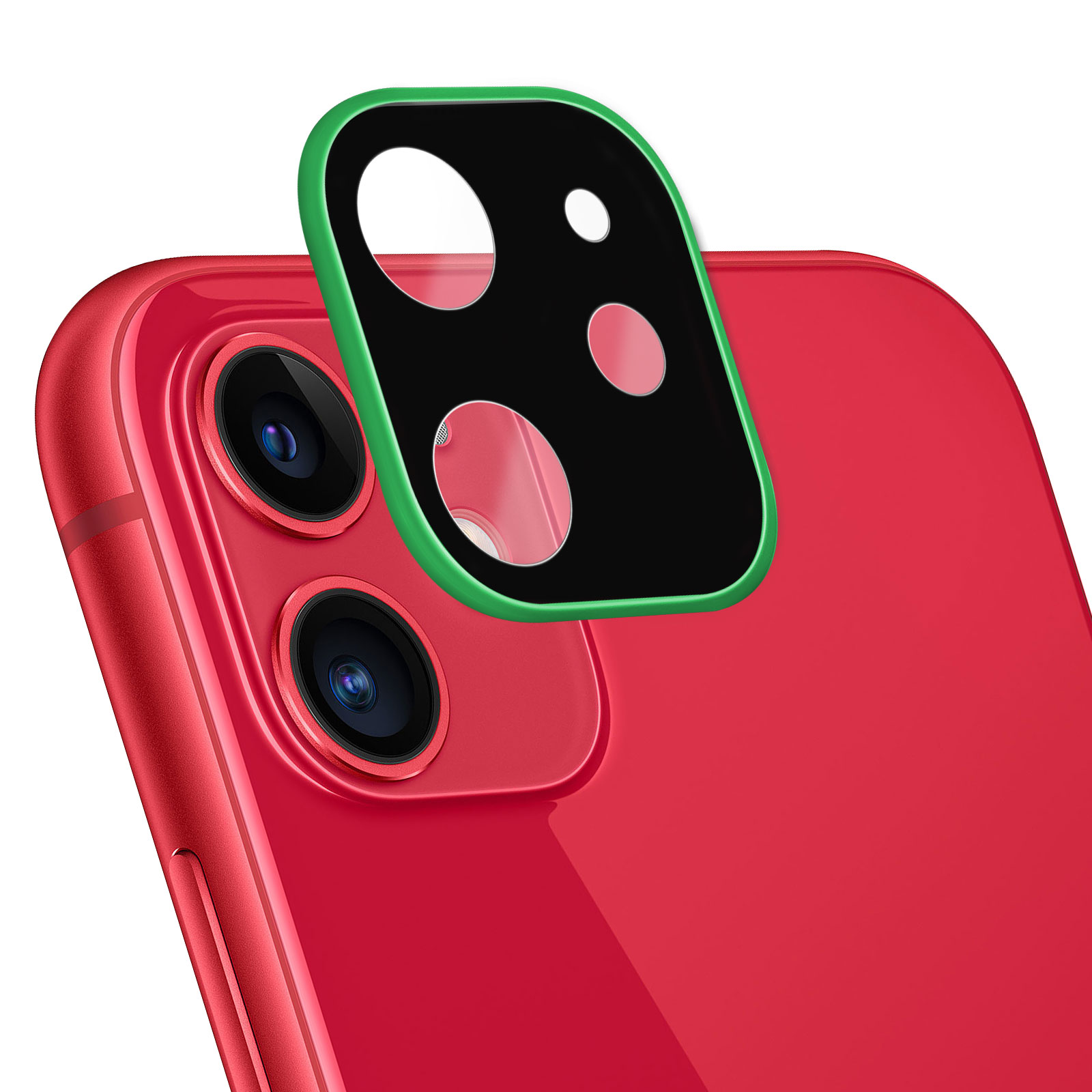 Telefono rosso con protezione fotocamera nera e verde sul retro. Sono visibili tre obiettivi.