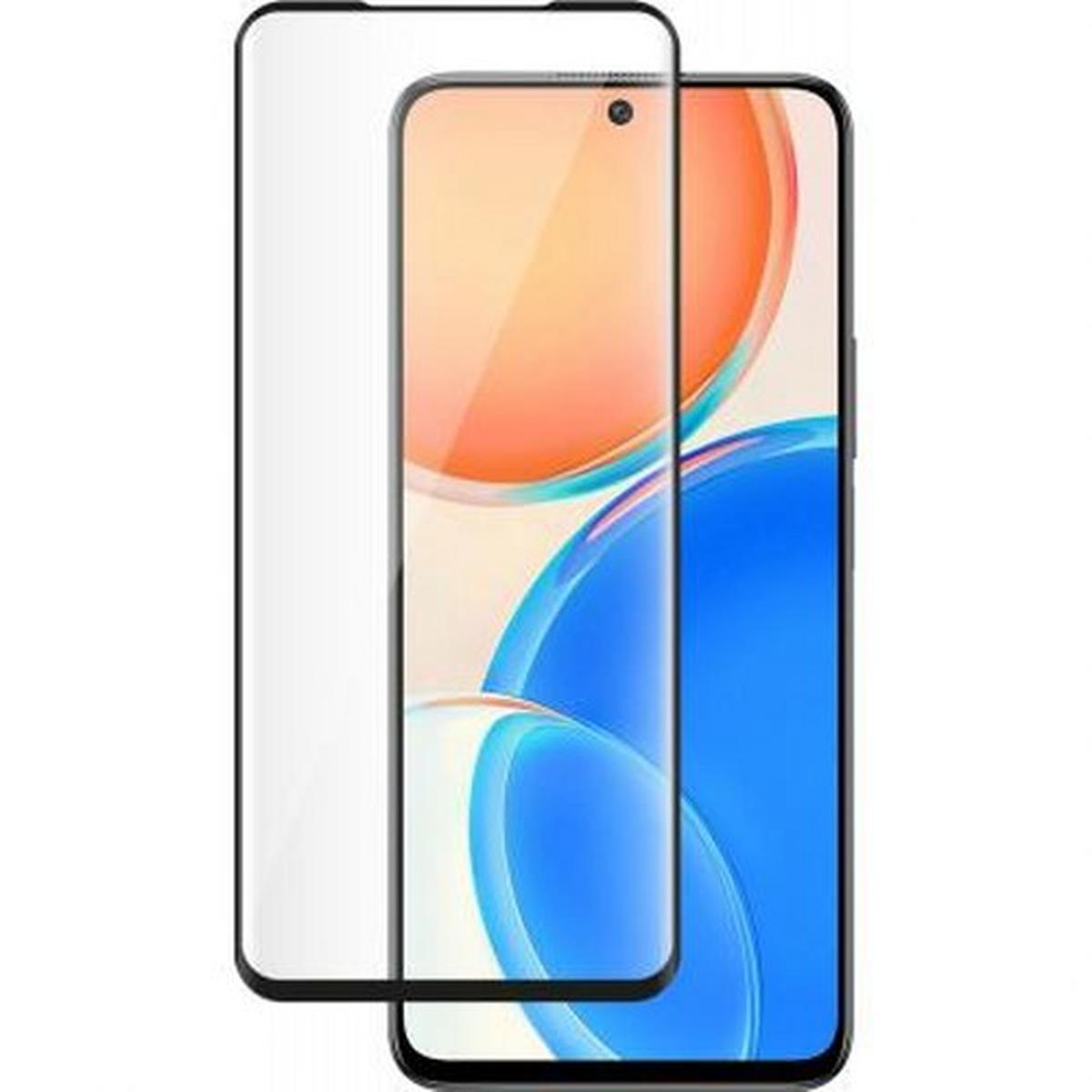 Een smartphone met een schermbeschermer. De telefoon toont oranje en blauwe abstracte vormen. De beschermer is transparant.