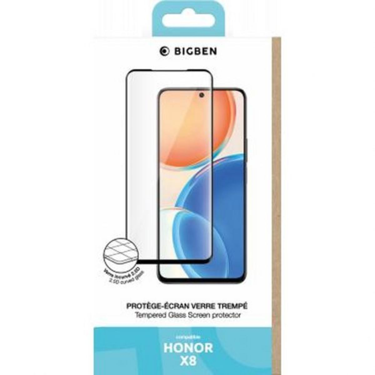 Een telefoonbeschermerdoos toont een telefoon met een kleurrijk scherm, het merk 'BIGBEN' en de tekst 'HONOR X8', 'Tempered Glass'.