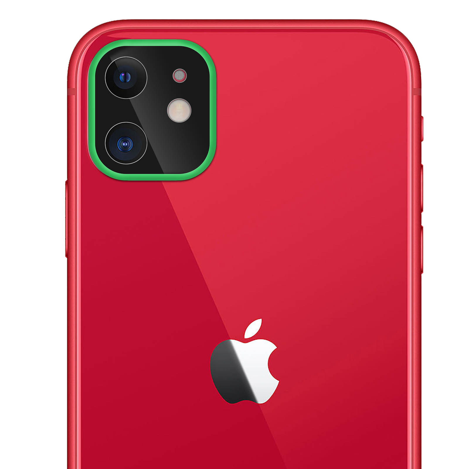 Retro iPhone rosso con doppia fotocamera, contorno verde e logo Apple. Il telefono è rosso, lo sfondo è bianco.
