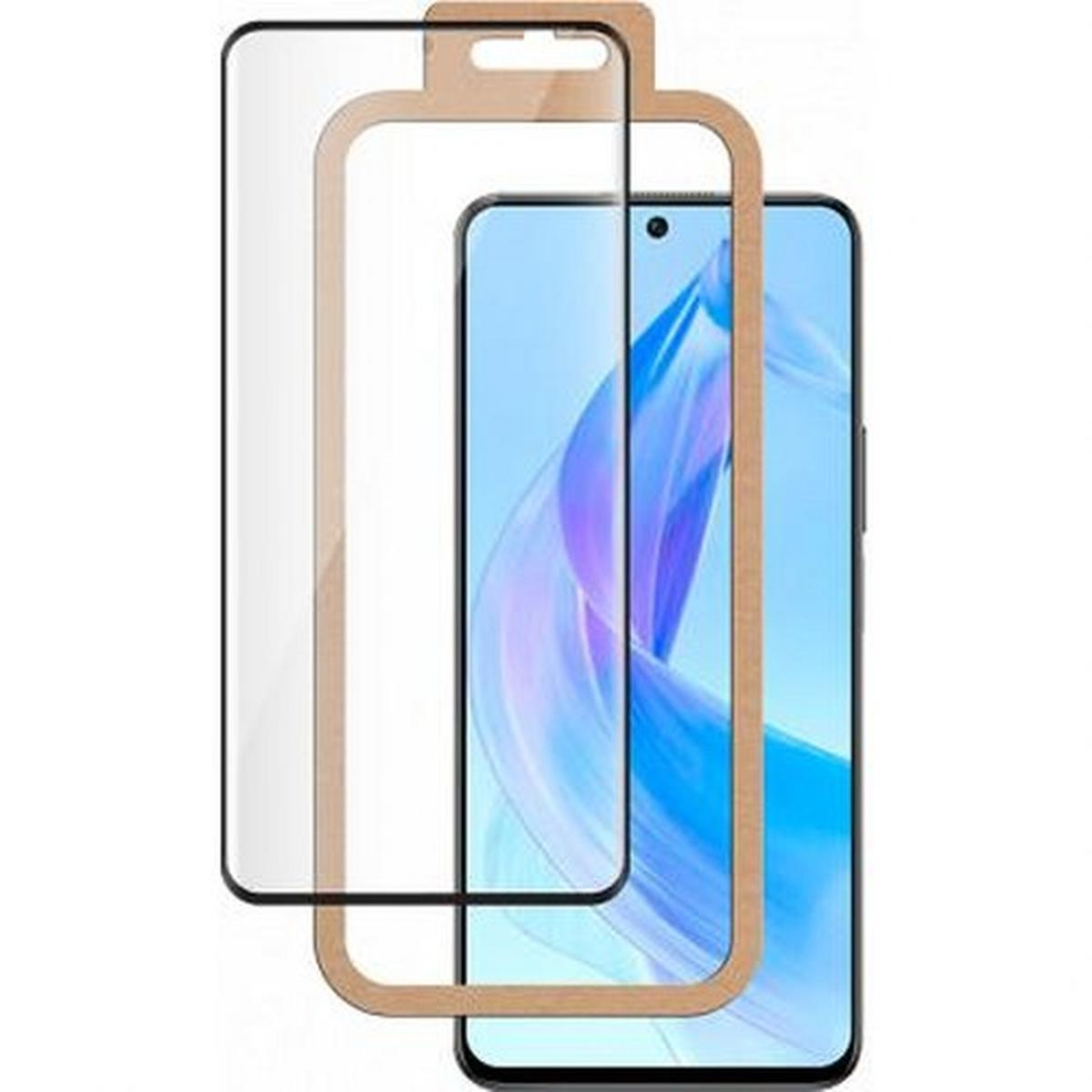 Uno smartphone con una protezione per lo schermo e la sua confezione. Il telefono ha un disegno a onde blu e viola sullo schermo.