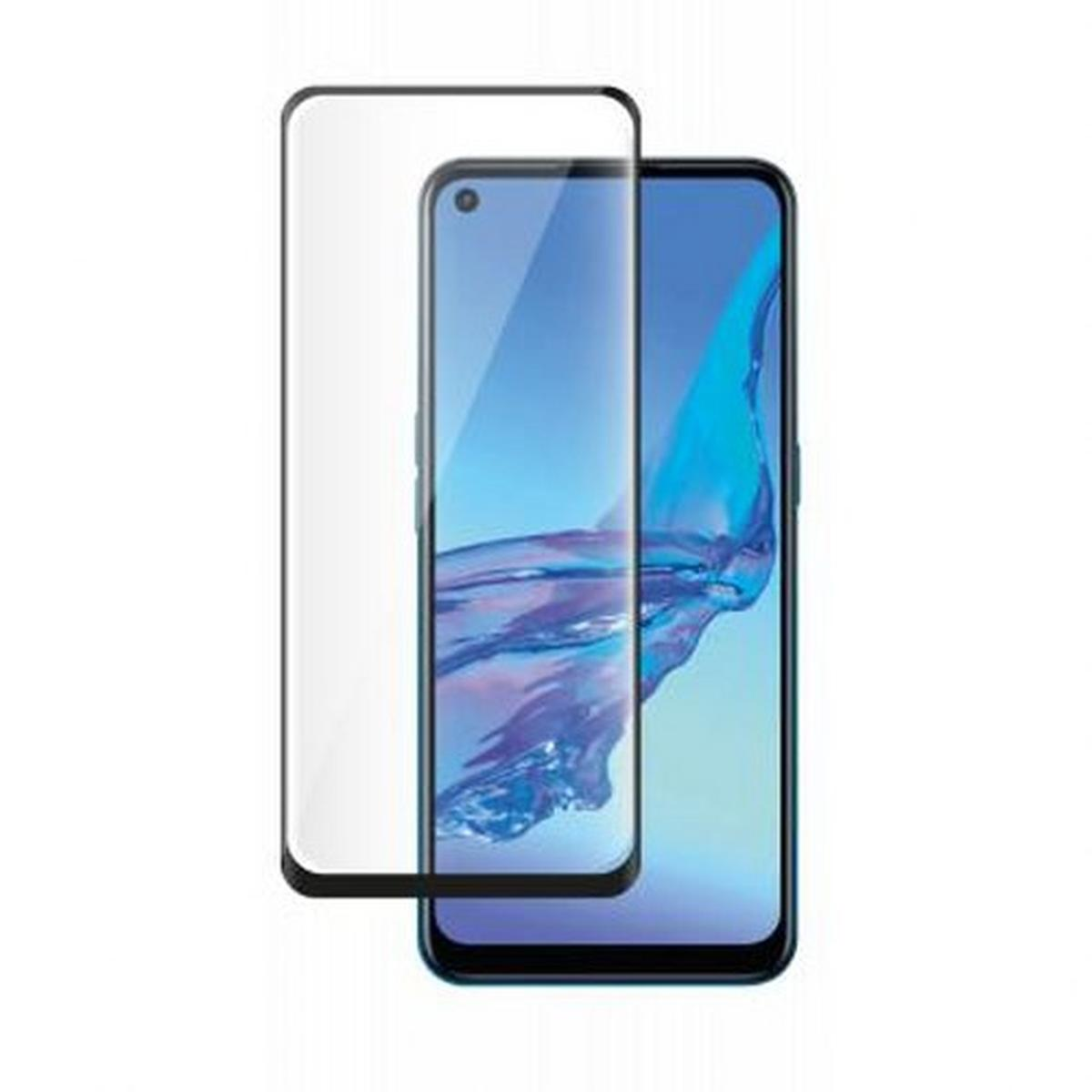 Un smartphone avec un protecteur d'écran. Le téléphone a un écran bleu affichant un design aquatique. Le protecteur est transparent.