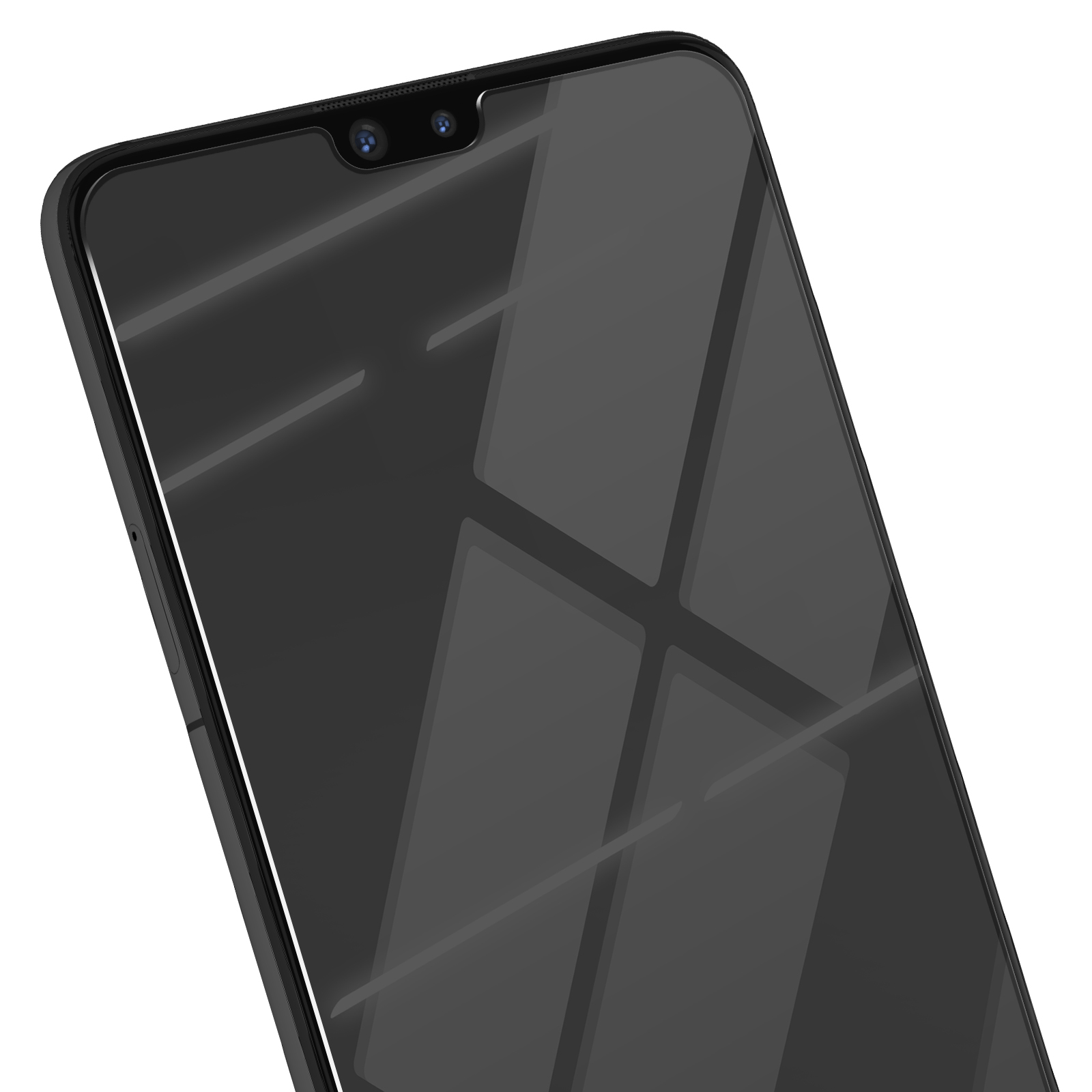 Primo piano di uno smartphone con schermo scuro. La parte anteriore ha un notch con due fotocamere.