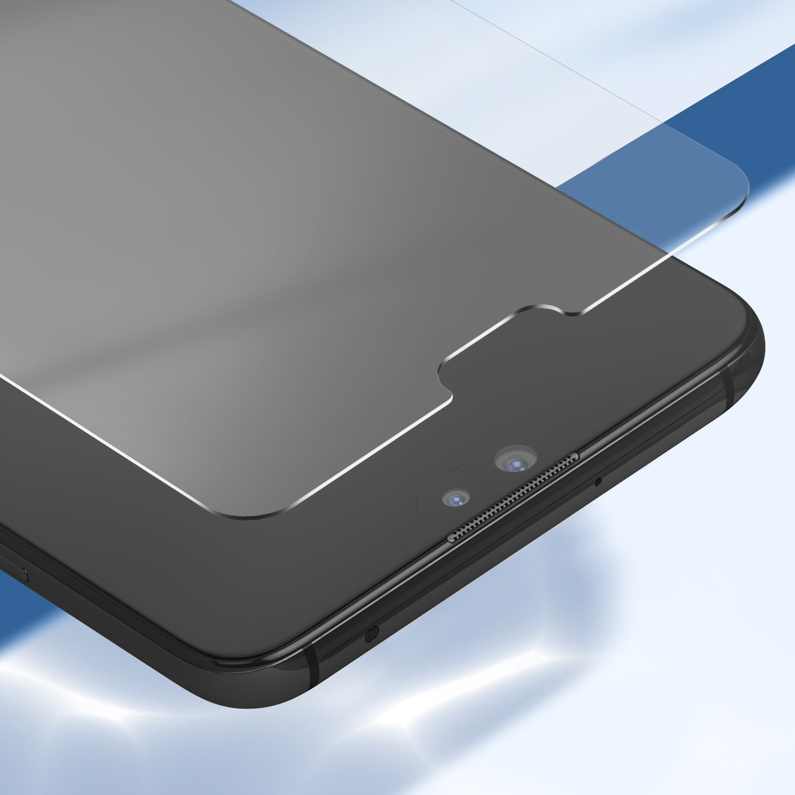 Uno smartphone con una protezione per lo schermo applicata, vista angolata. Il telefono è nero, la protezione è trasparente.