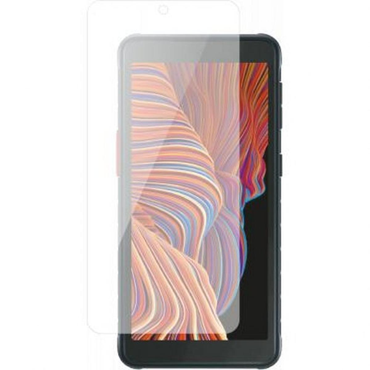 Uno smartphone con una protezione per lo schermo. Lo schermo mostra motivi astratti colorati. Il telefono è nero e la protezione è trasparente.