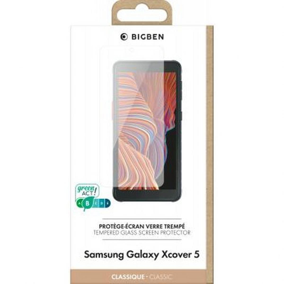 Una scatola di protezione dello schermo del telefono con un'immagine del telefono. Il testo include 'BIGBEN', 'Samsung Galaxy Xcover 5' e 'TEMPERED GLASS SCREEN PROTECTOR'.