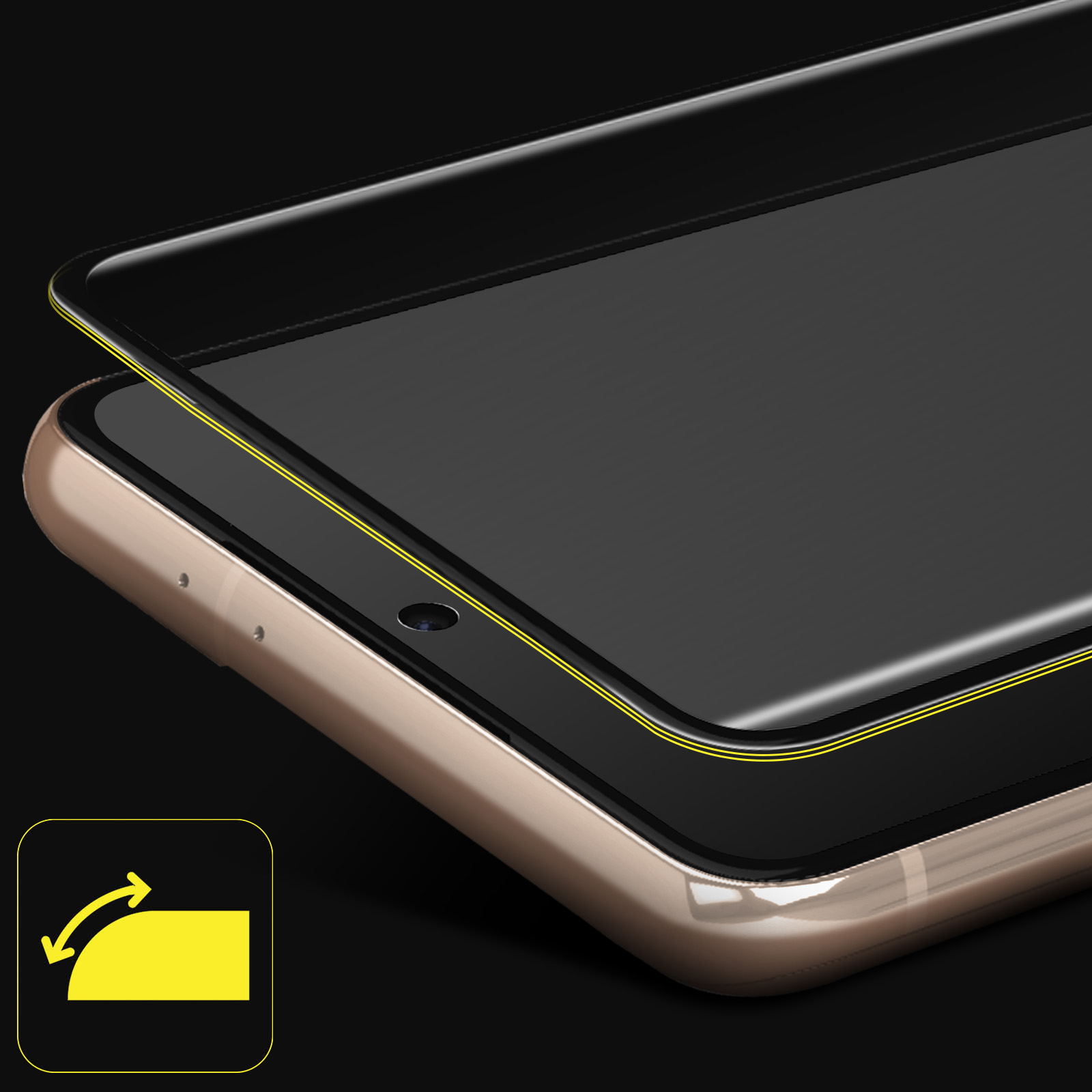 È in fase di applicazione una protezione per lo schermo dello smartphone. Il telefono è dorato, con uno schermo nero e un contorno giallo.