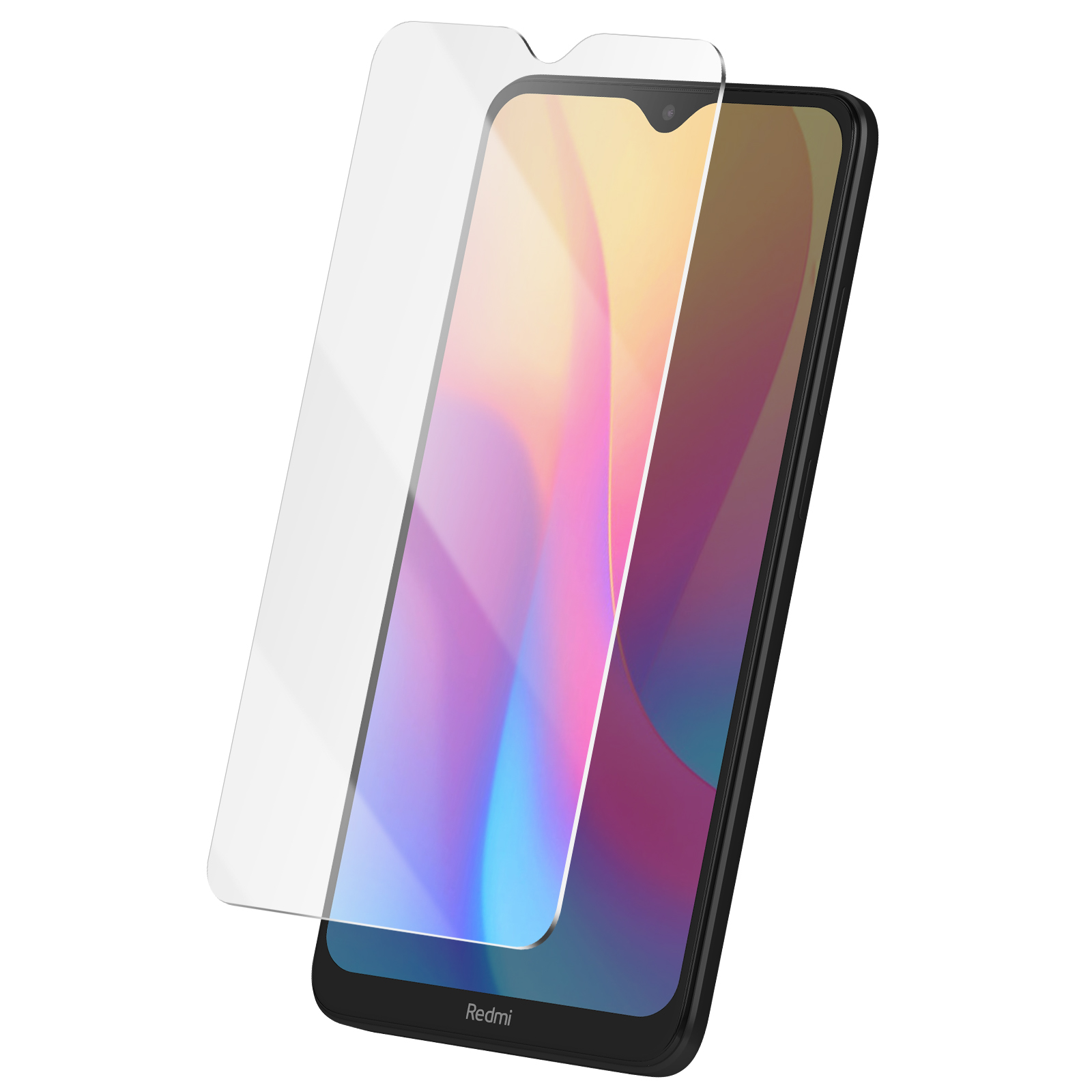 Uno smartphone con una protezione per lo schermo applicata. Il telefono è nero, lo schermo mostra tonalità colorate e lo sfondo è bianco.