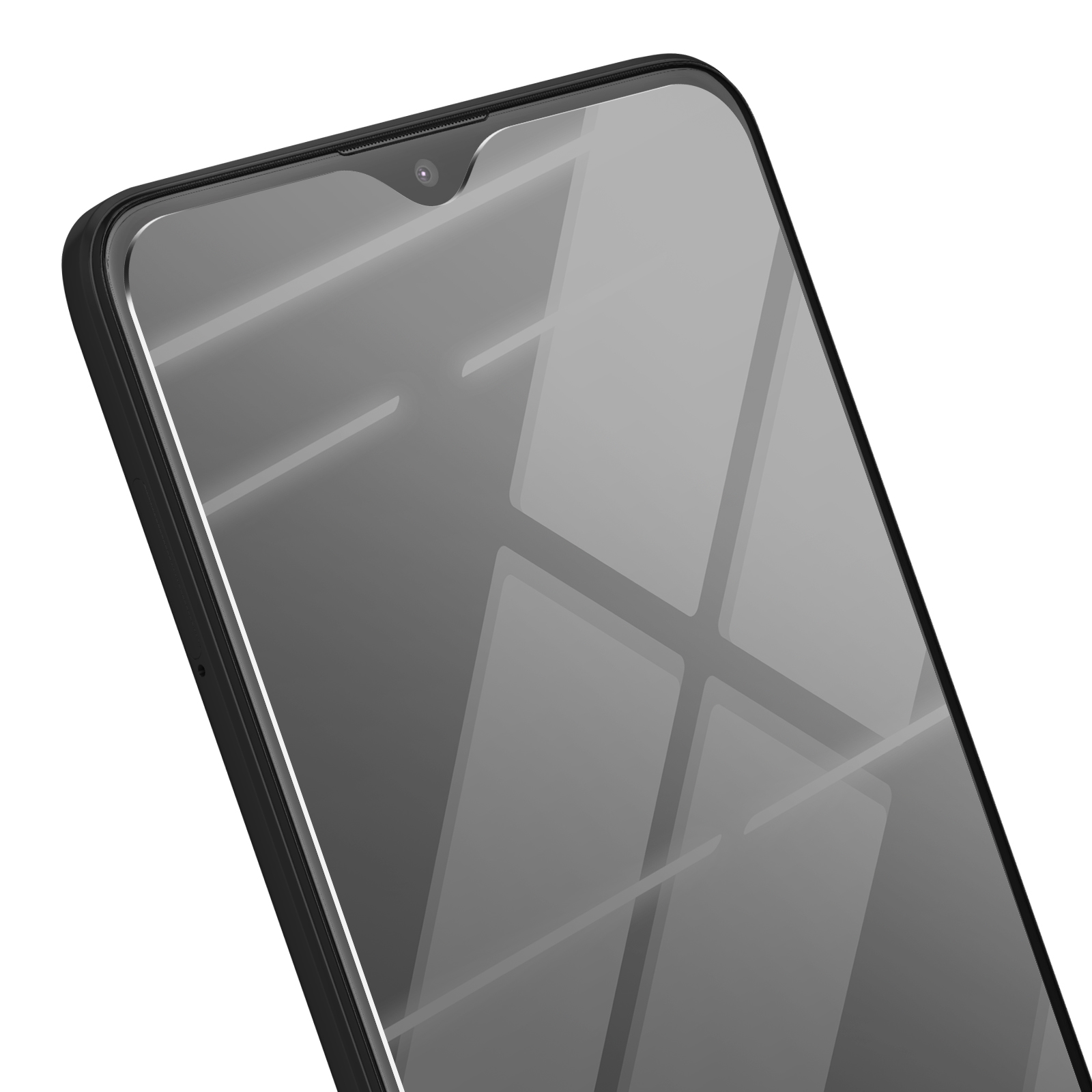 Primo piano dello schermo di uno smartphone con cornice nera. Lo schermo è grigio e riflette la luce, con una piccola fotocamera in alto.
